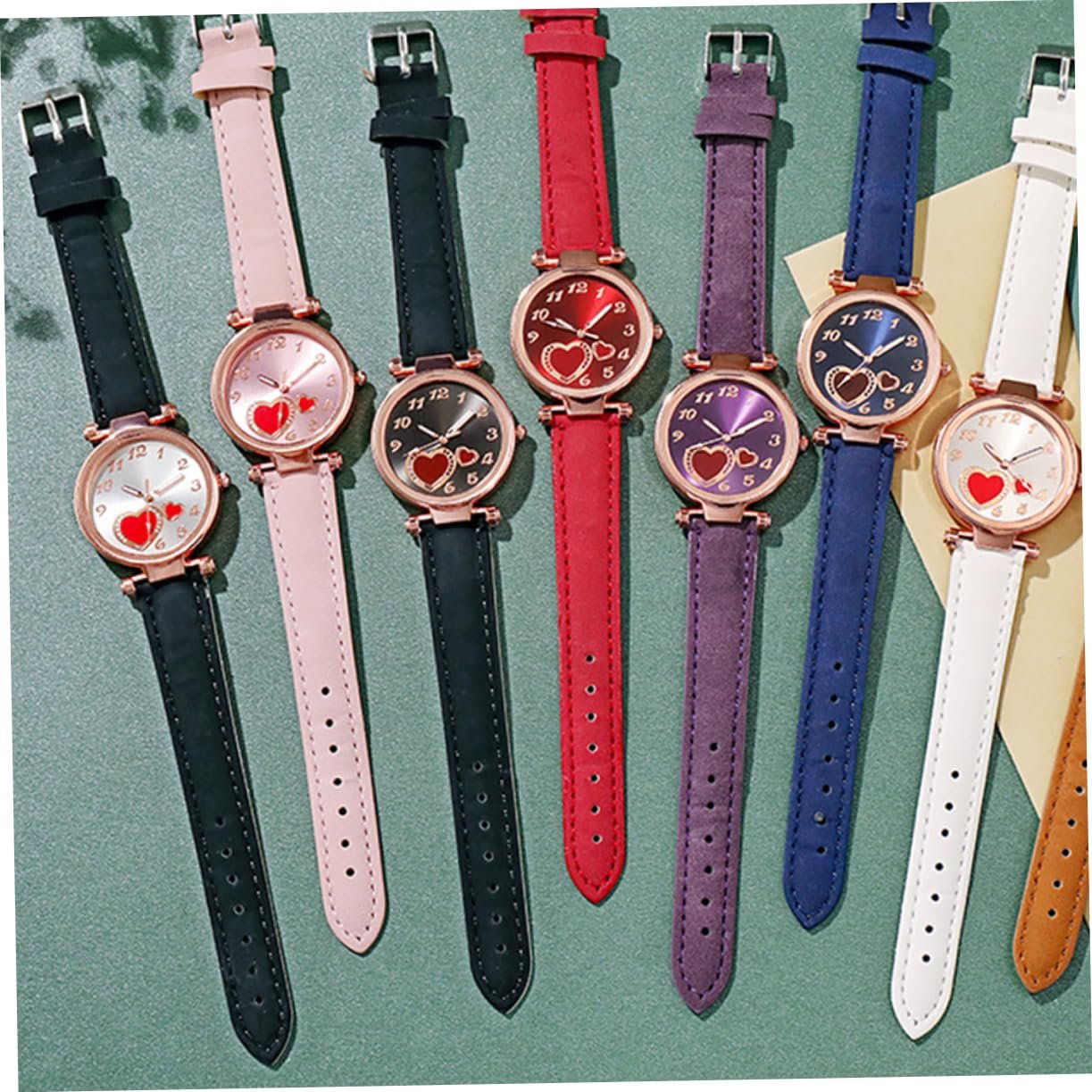 Часы женские PartyKindom с матовым кожаным ремешком, декоративным дизайном в форме персикового сердца, фото №4