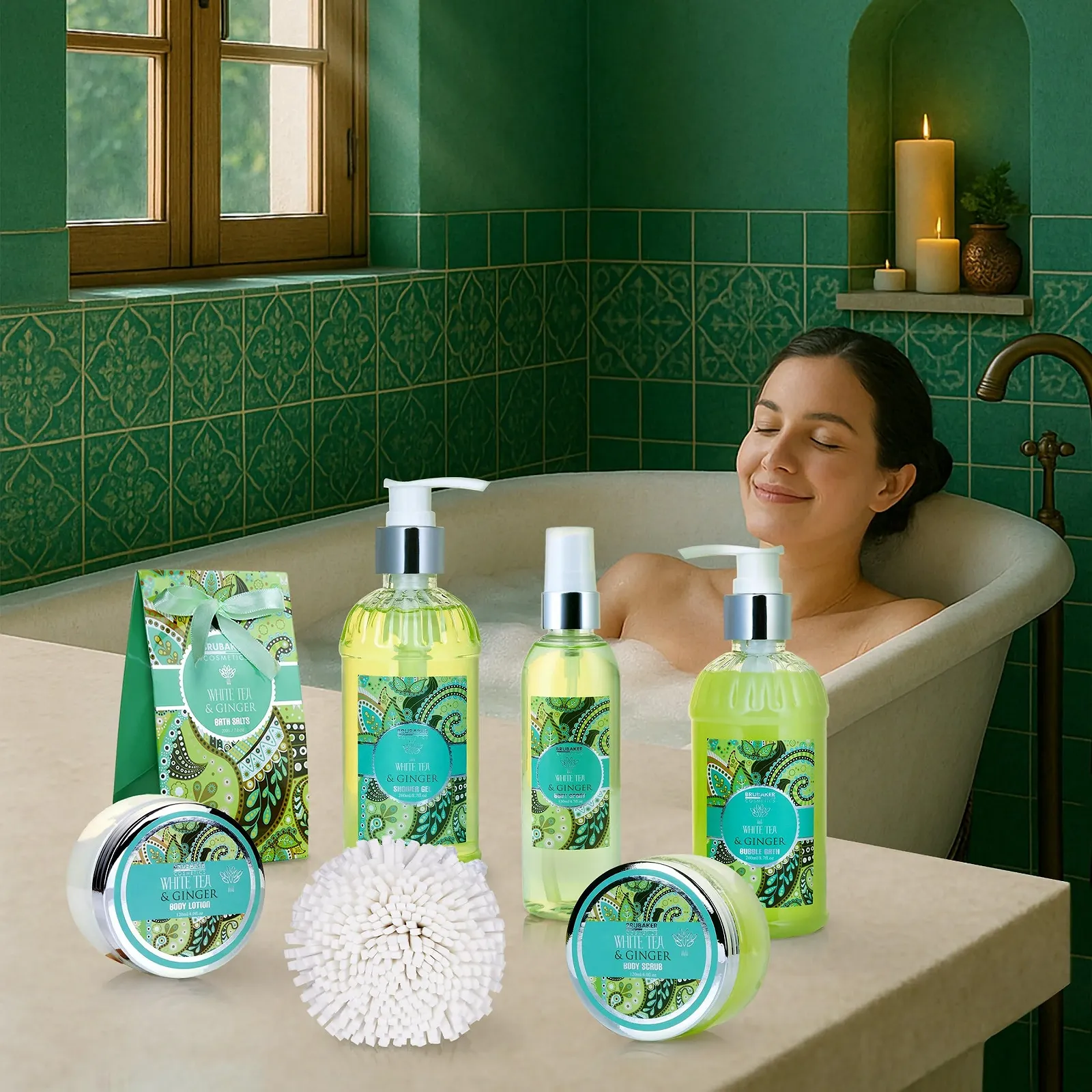 Набір для ванни BRUBAKER Cosmetics "White Tea & Ginger" з 8 предметів у кошику, фото №4