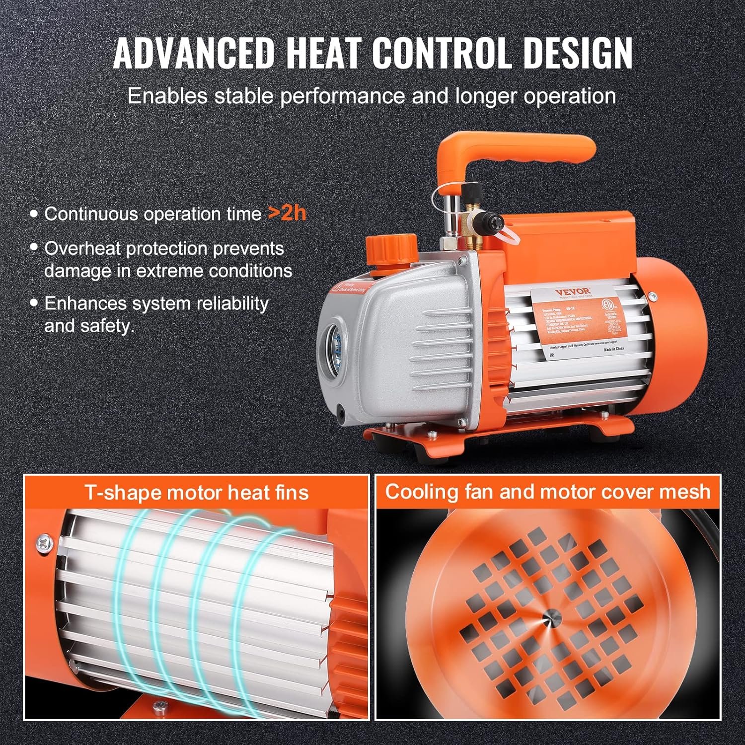Вакуумний насос VEVOR KQ-1K / 100 л/хв / 5 Па (40 мікрон) / 1/5 к.с. / Одноступеневий / Помаранчевий, фото №3