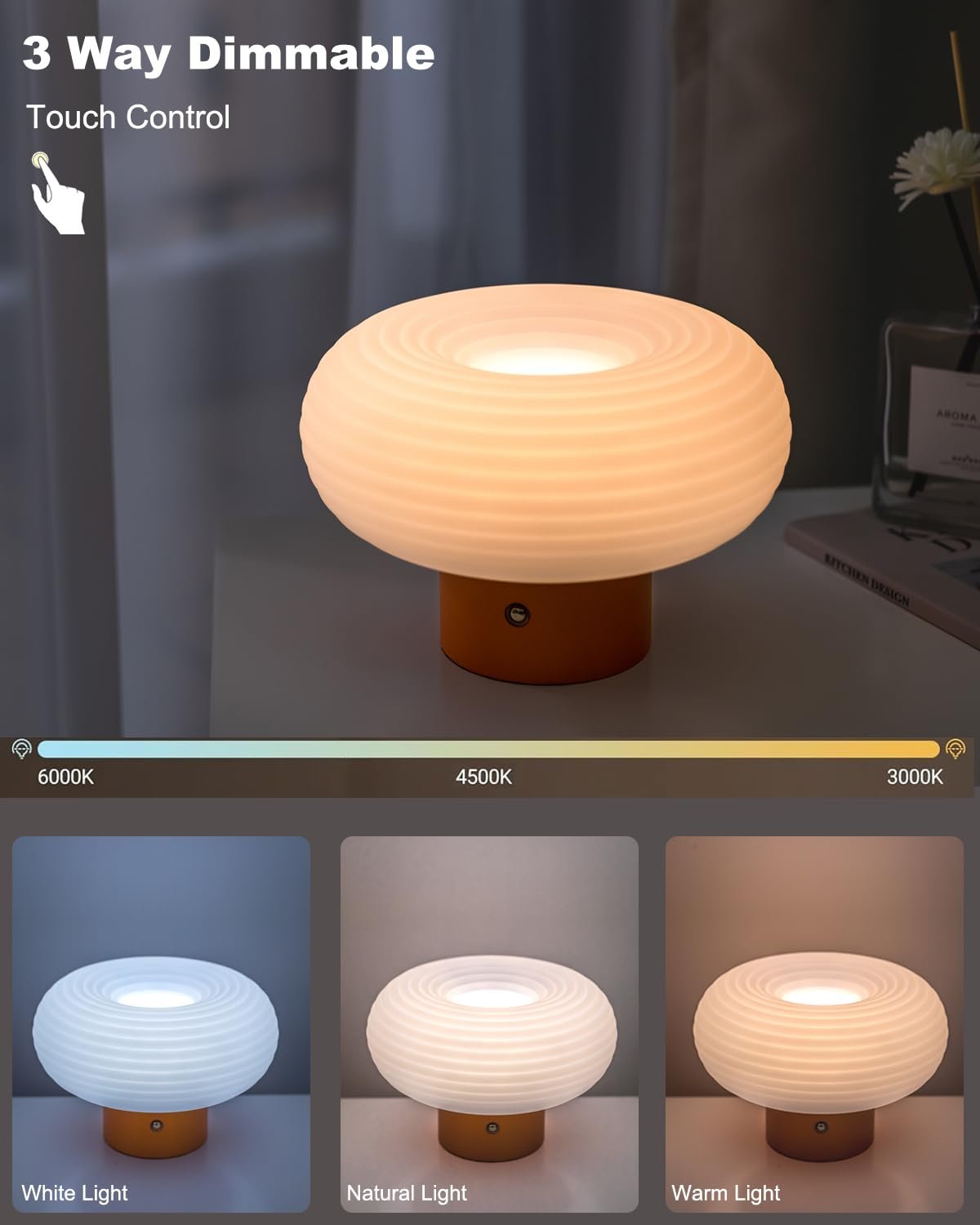 Настільна лампа FANHAO сенсорна регульована 3 кольори 4000 мАг бездротова акумуляторна гриб, фото №3