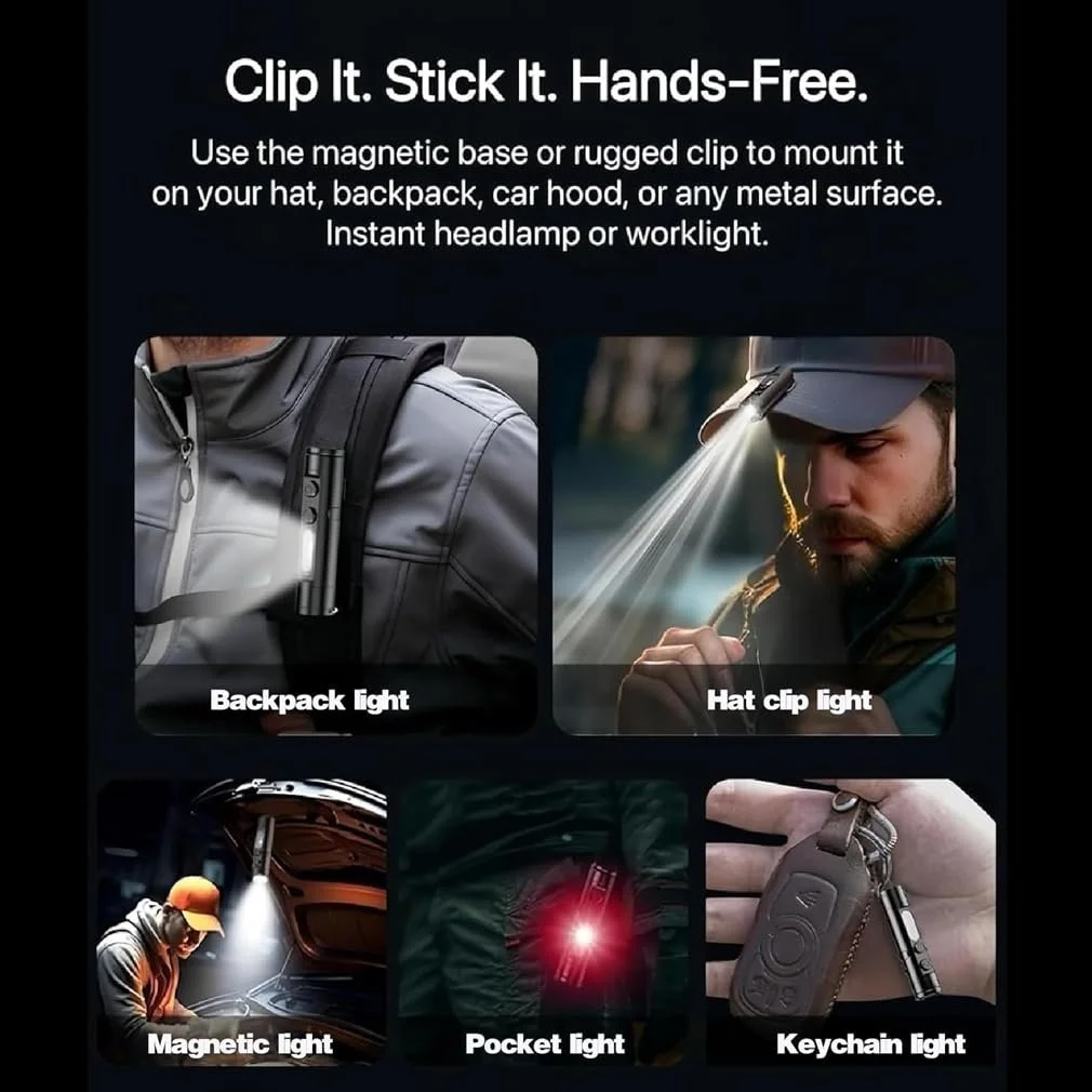 Міні ліхтарик-брелок LUCKKY Перезаряджуваний & Магнітний, Маленький з магнітами, LED тактичний із затискачем для капелюха, Багатофункціональний магнітний USB для зовнішнього використання, фото №7
