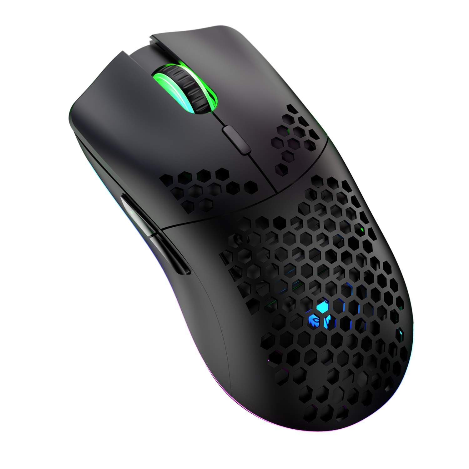 Мышь Lancoon Беспроводная Игровая, полый дизайн, цветная, аккумуляторная, прочная, 2.4 G, 4 регулируемых уровня 3200 DPI, 7 кнопок, оптический сенсор для E-Sportb, черная, фото №1