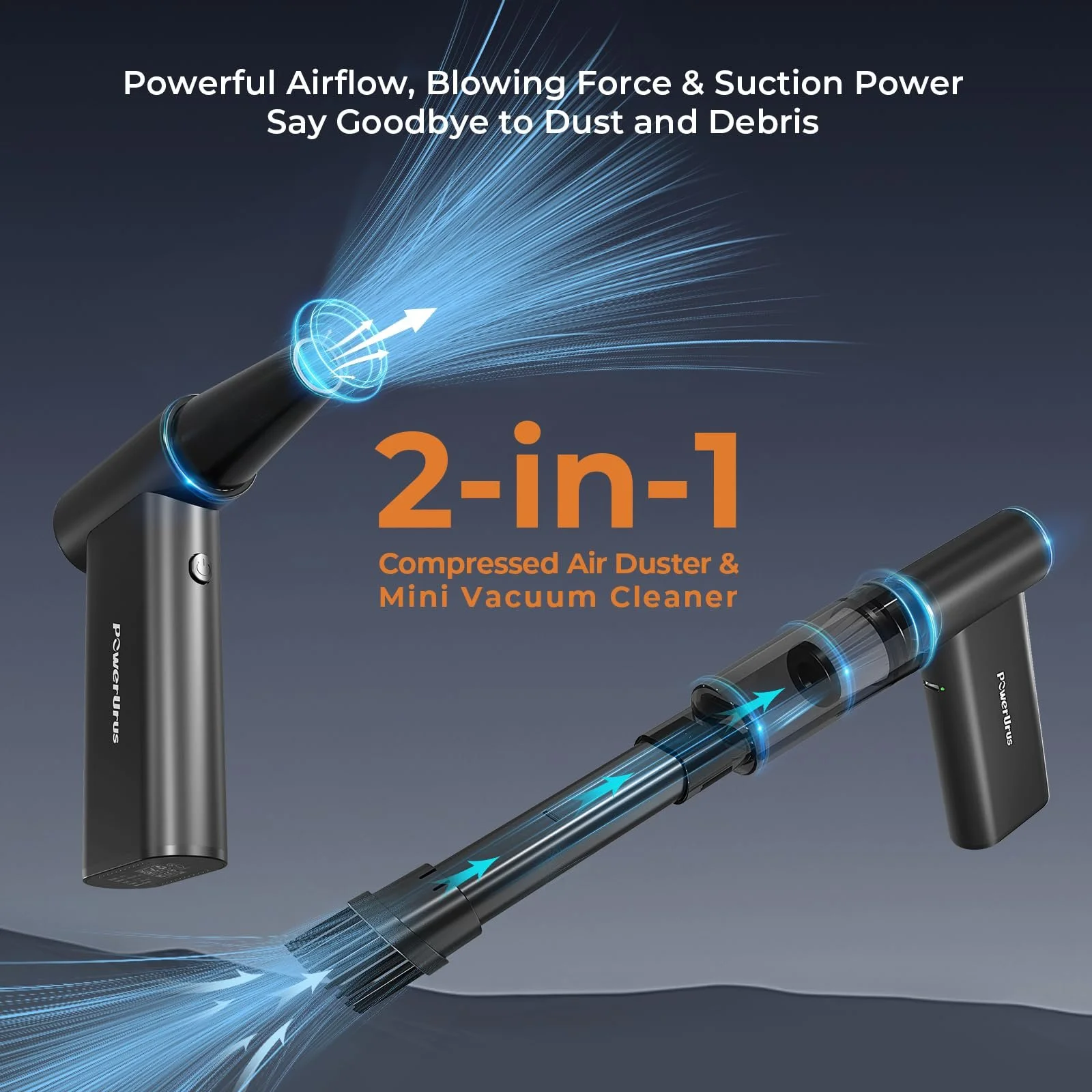 Электрическая воздуходувка 2-в-1 PowerUrus 200,000 RPM 4 скорости 8000mAh Алюминиевая, фото №3