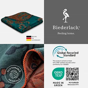 Плед Biederlack Oriental Flowers Хлопок/Полиакрил 150 x 200 см Петроль/Оранжевый synthetic.ua - Фото 1