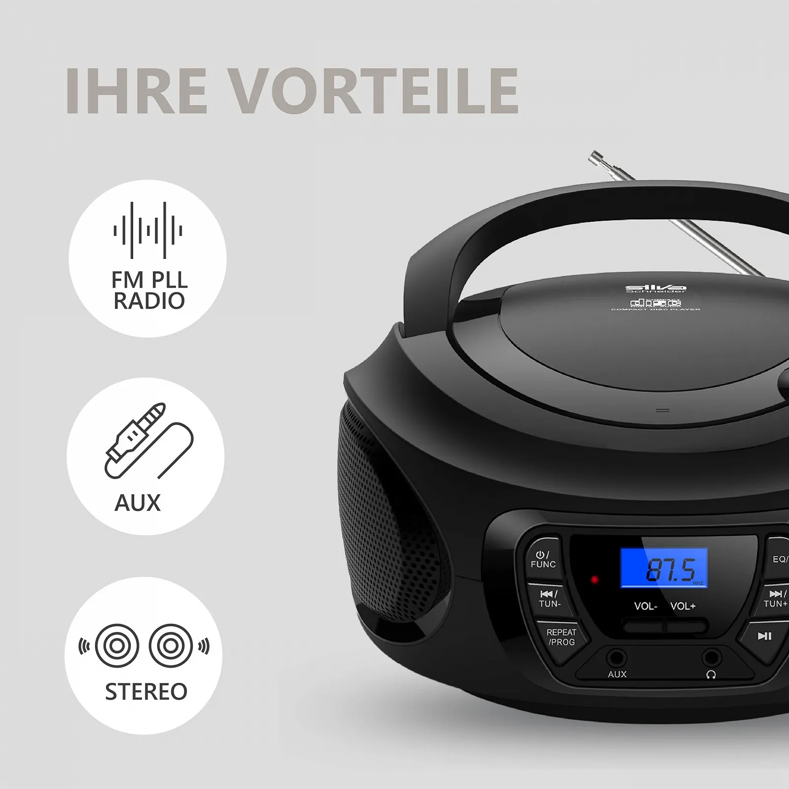 Магнітола CD-програвач Silva Schneider PCD 25.1 з FM PLL радіо, РК-дисплеєм, пам'яттю на 30 станцій, AUX-In та роз'ємом для навушників, живлення від мережі/акумулятора Чорний, фото №6