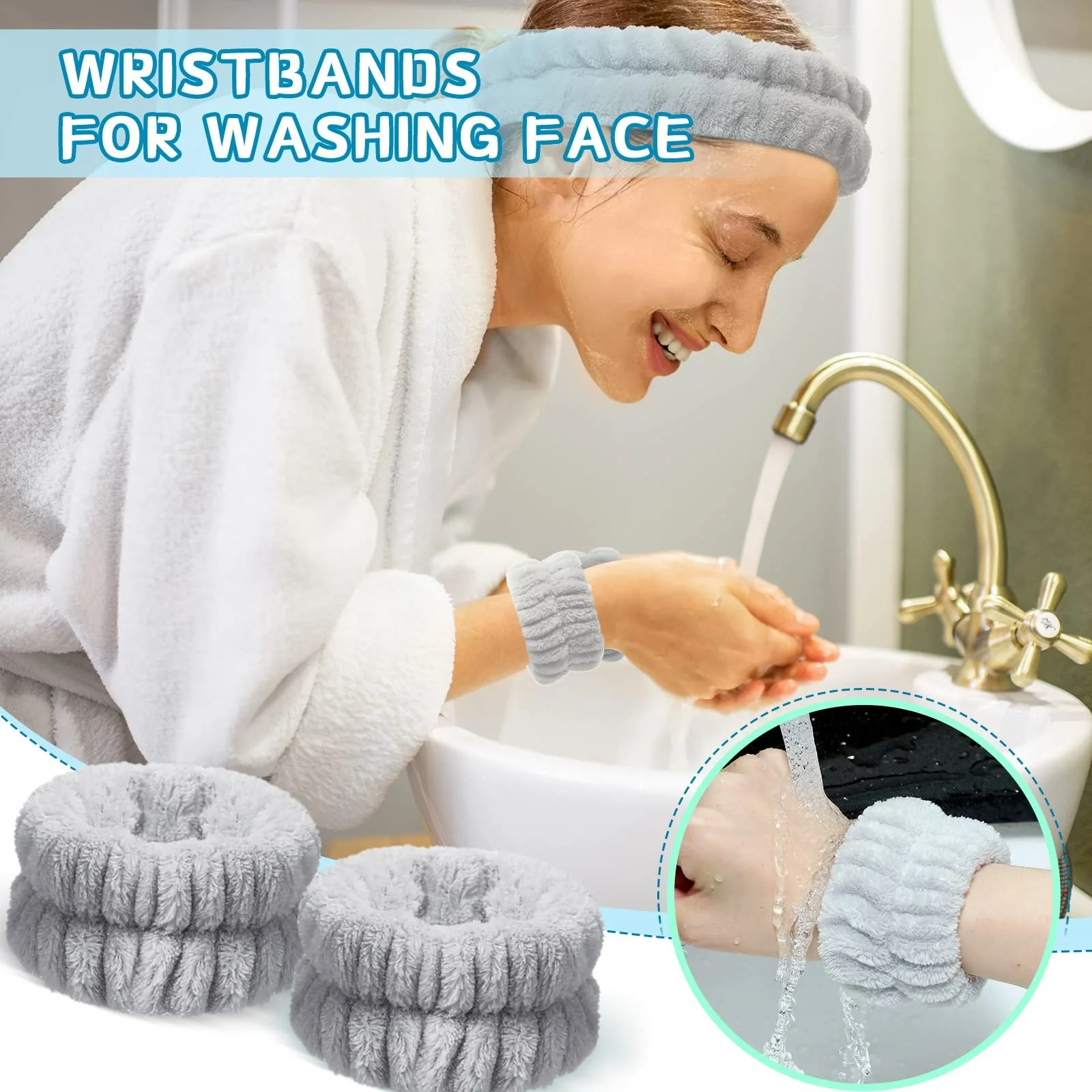 Набір з 4 спа-пов'язок: пов'язка для макіяжу, браслети для вмивання обличчя, фото №3