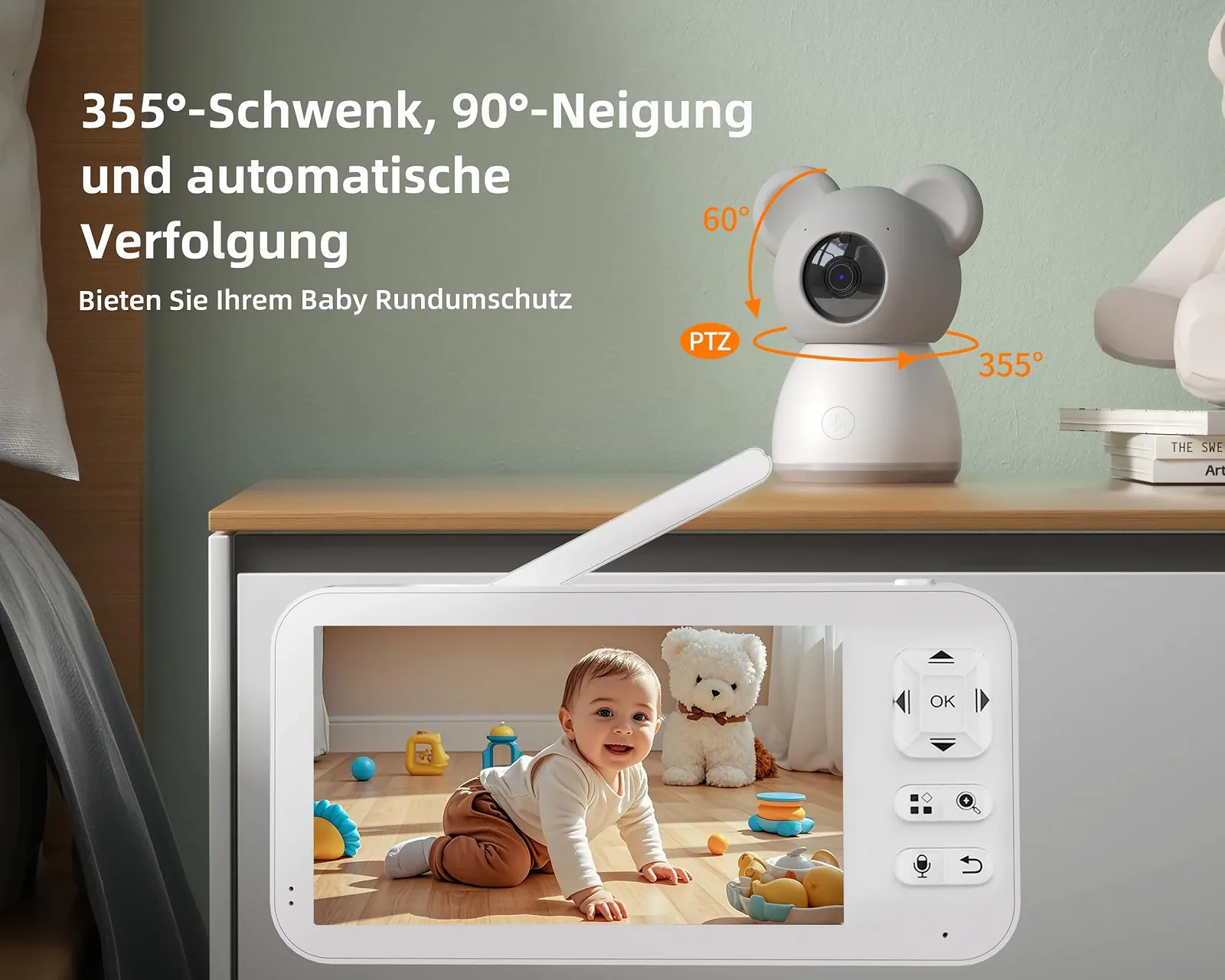 Відеоняня Simbailai 5 Inch 2K/3MP HD WLAN PTZ 355° 4X Zoom Температура та вологість, фото №2 Відеоняня Simbailai 5 Inch 2K/3MP HD WLAN PTZ 355° 4X Zoom Температура та вологість, фото №2