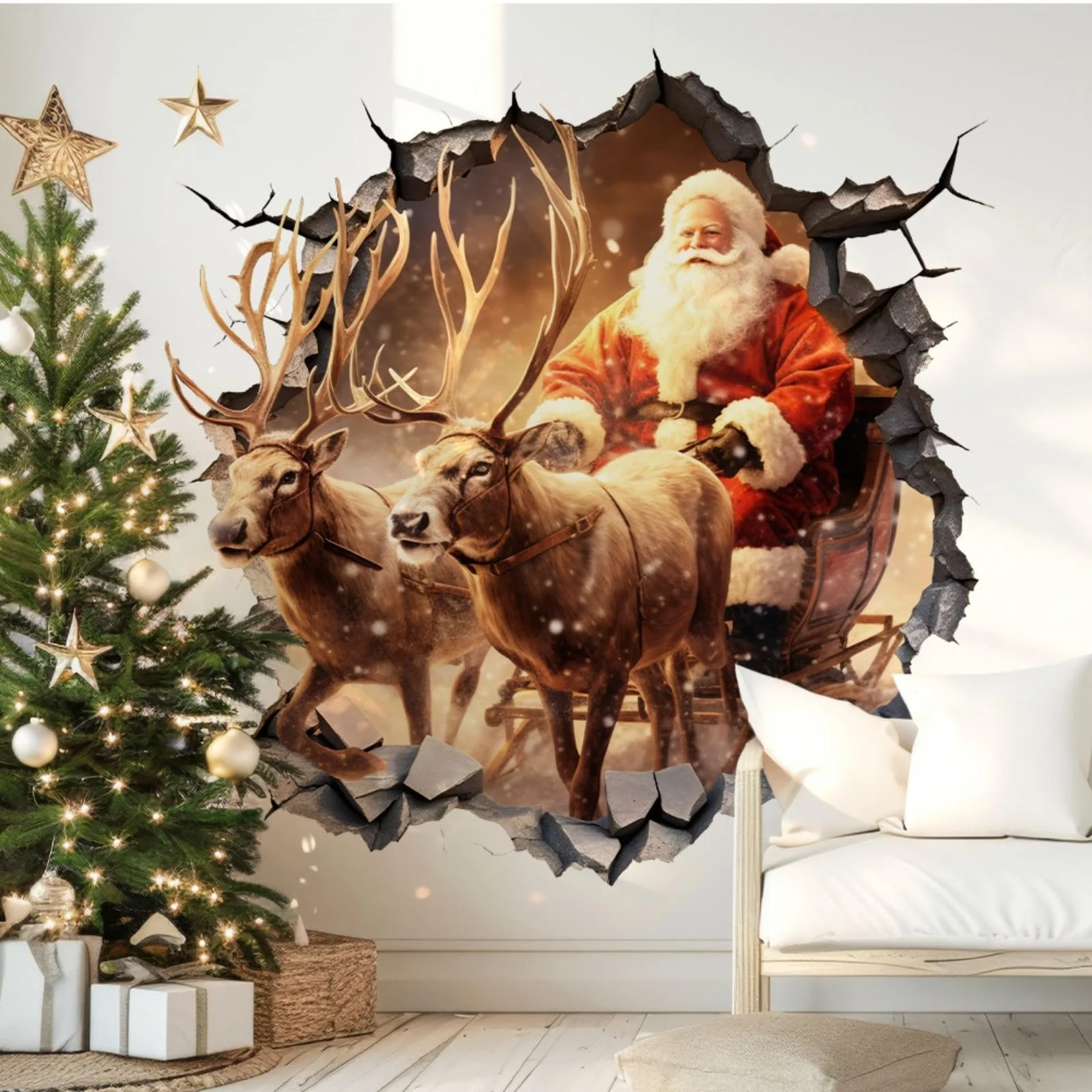 Наклейки на стіну Christmas 3D 2 шт. Дід Мороз та олені, фото №1