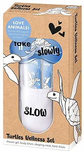 Набір Beauty and Relax fesh Slow Down Care and Wellness, 5 предметів, з гелем для душу, лосьйоном для тіла, маскою для сну та махровими капцями synthetic.ua - Фото 1