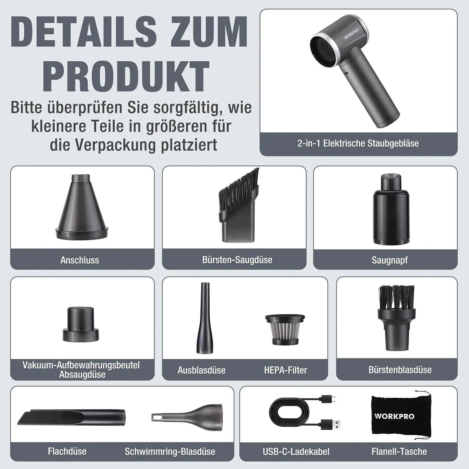 Електрична повітродувка 2-в-1 WORKPRO 120,000 RPM 4 швидкості Type-C Акумуляторна, фото №3