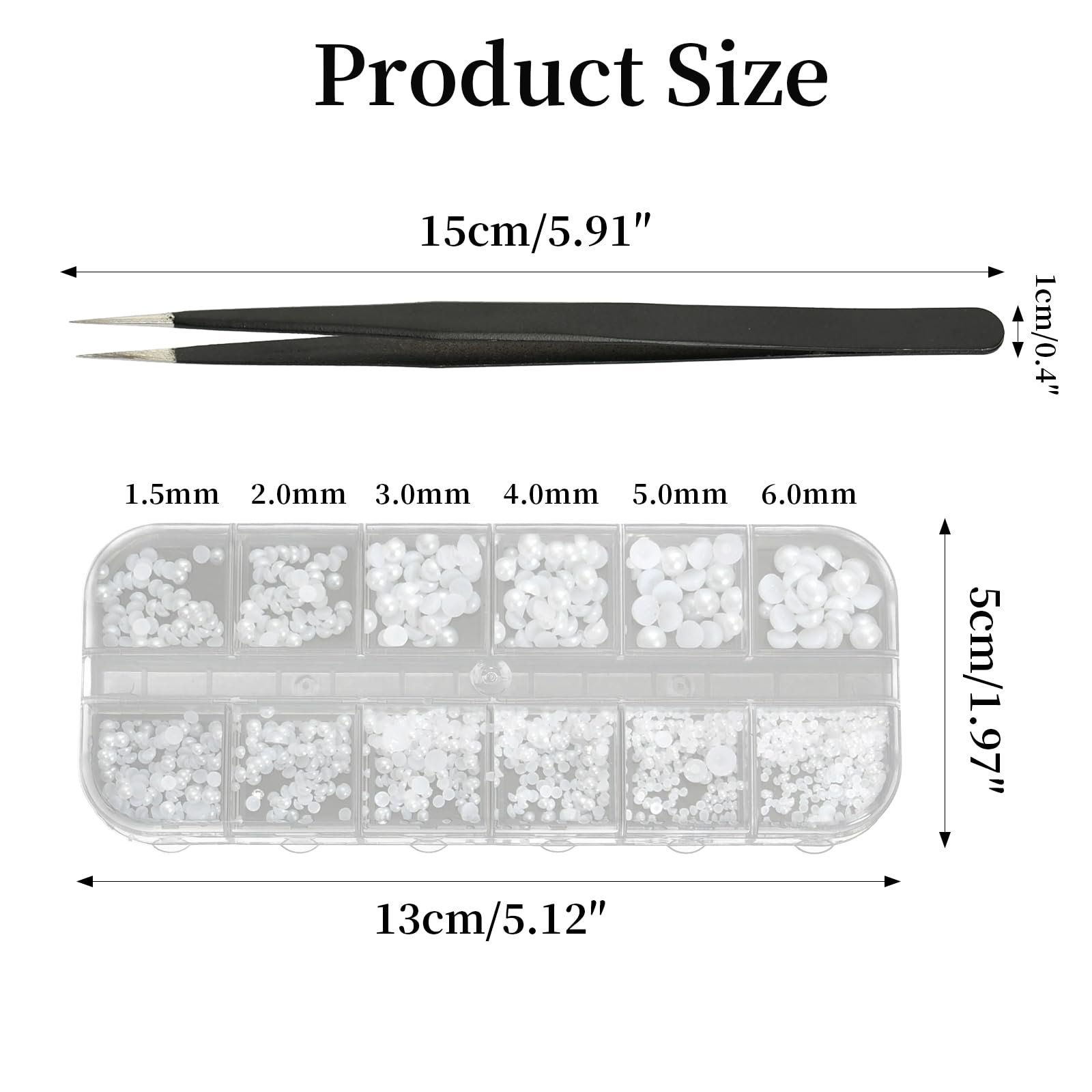 Полукруглые жемчужины для ногтей 6 размеров, белые бусины из нержавеющей стали с пинцетом (1 коробка/12 отделений), фото №2 Полукруглые жемчужины для ногтей 6 размеров, белые бусины из нержавеющей стали с пинцетом (1 коробка/12 отделений), фото №2