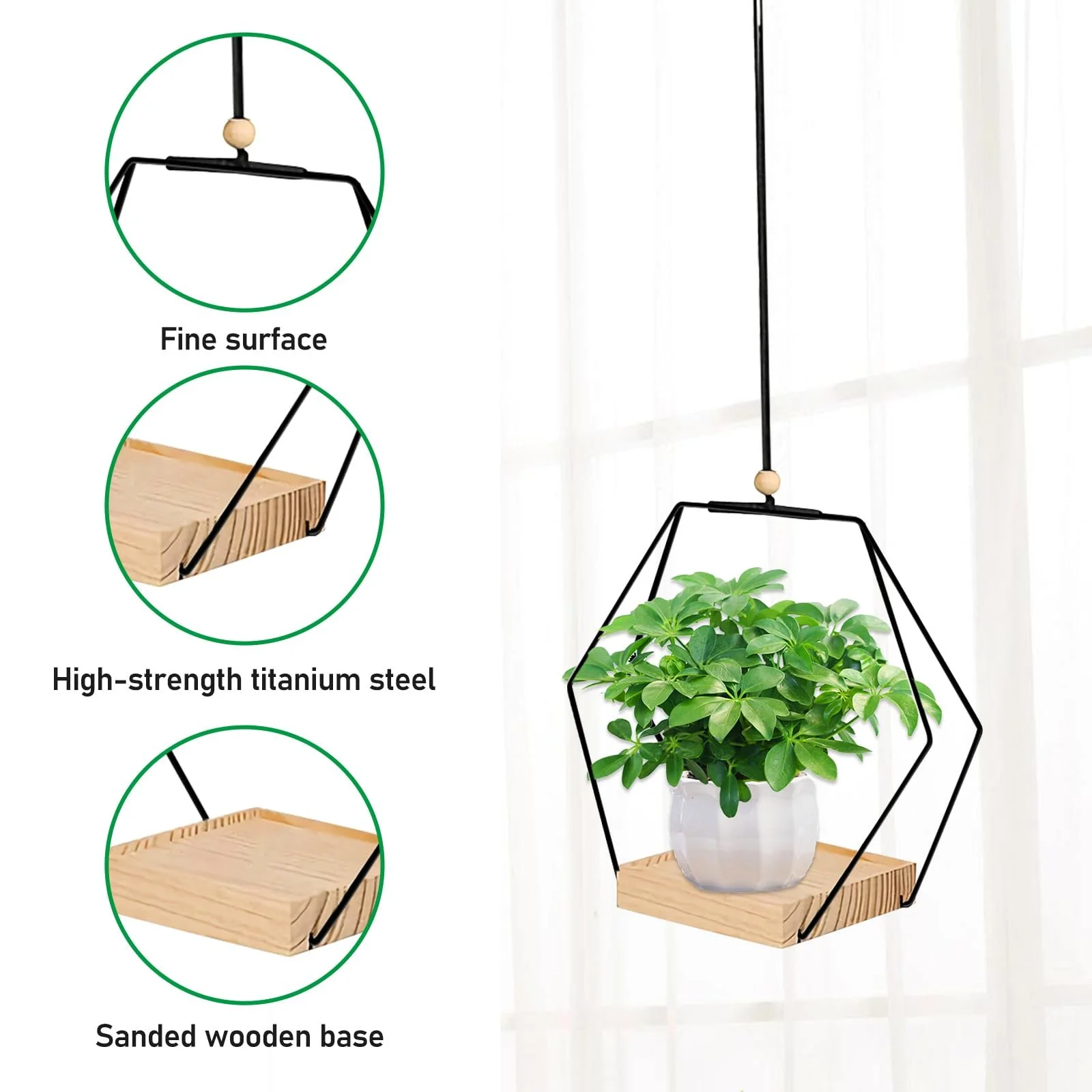 Подвесные корзины набор 3 шт. металлическое кольцо деревянное основание Бохо черные, фото №3