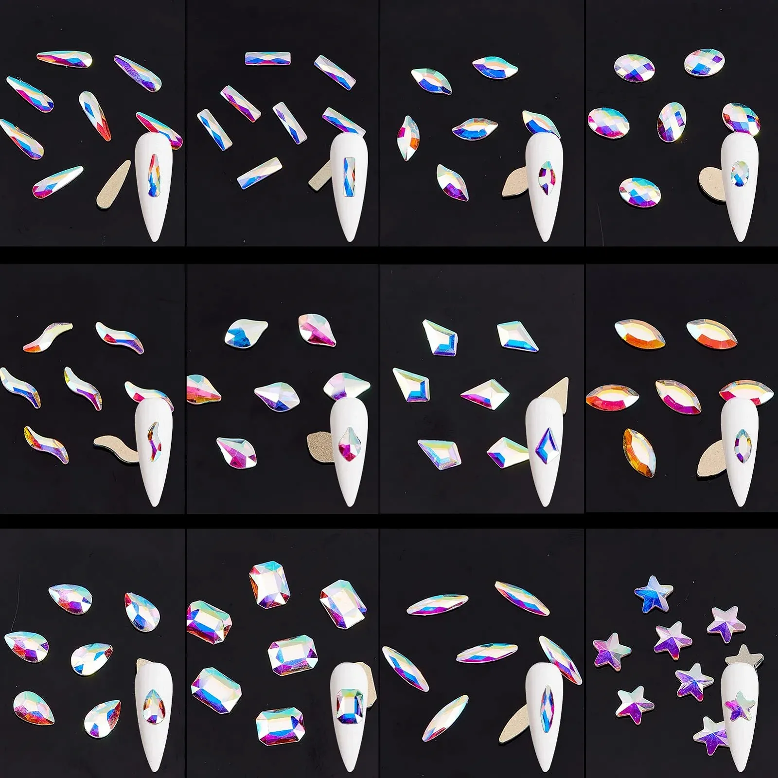 Стрази для нігтів NICENEEDED 23D кристали з пласкою задньою стінкою 12 розмірів у кейсі, кришталеві камені різних форм, фото №4