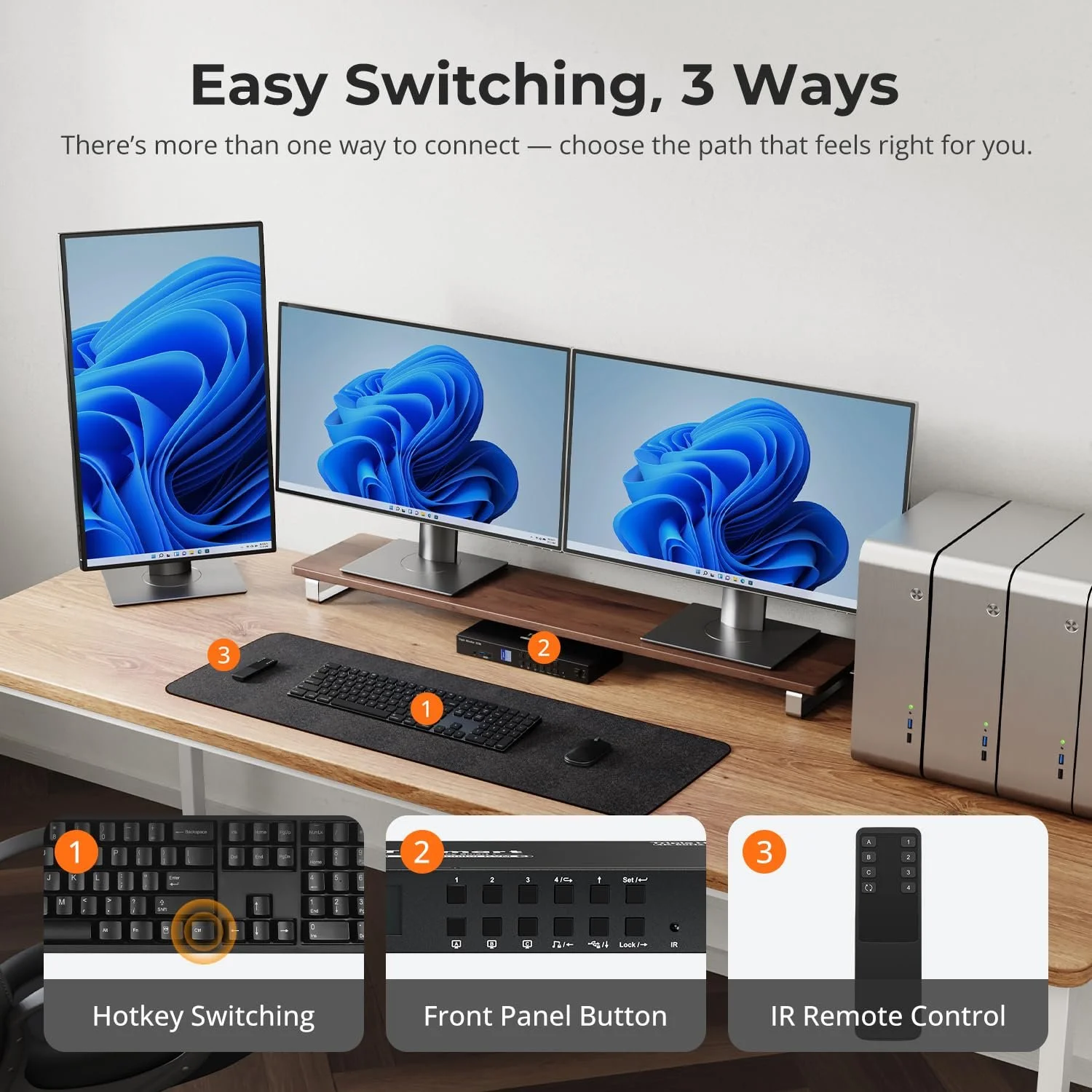 KVM-перемикач TESmart HKS403-P23 з РК-дисплеєм / 4 ПК / 3 Монітори / 4K@60Hz / USB-хаб / LAN / EDID / Чорний, фото №6 KVM-перемикач TESmart HKS403-P23 з РК-дисплеєм / 4 ПК / 3 Монітори / 4K@60Hz / USB-хаб / LAN / EDID / Чорний, фото №6