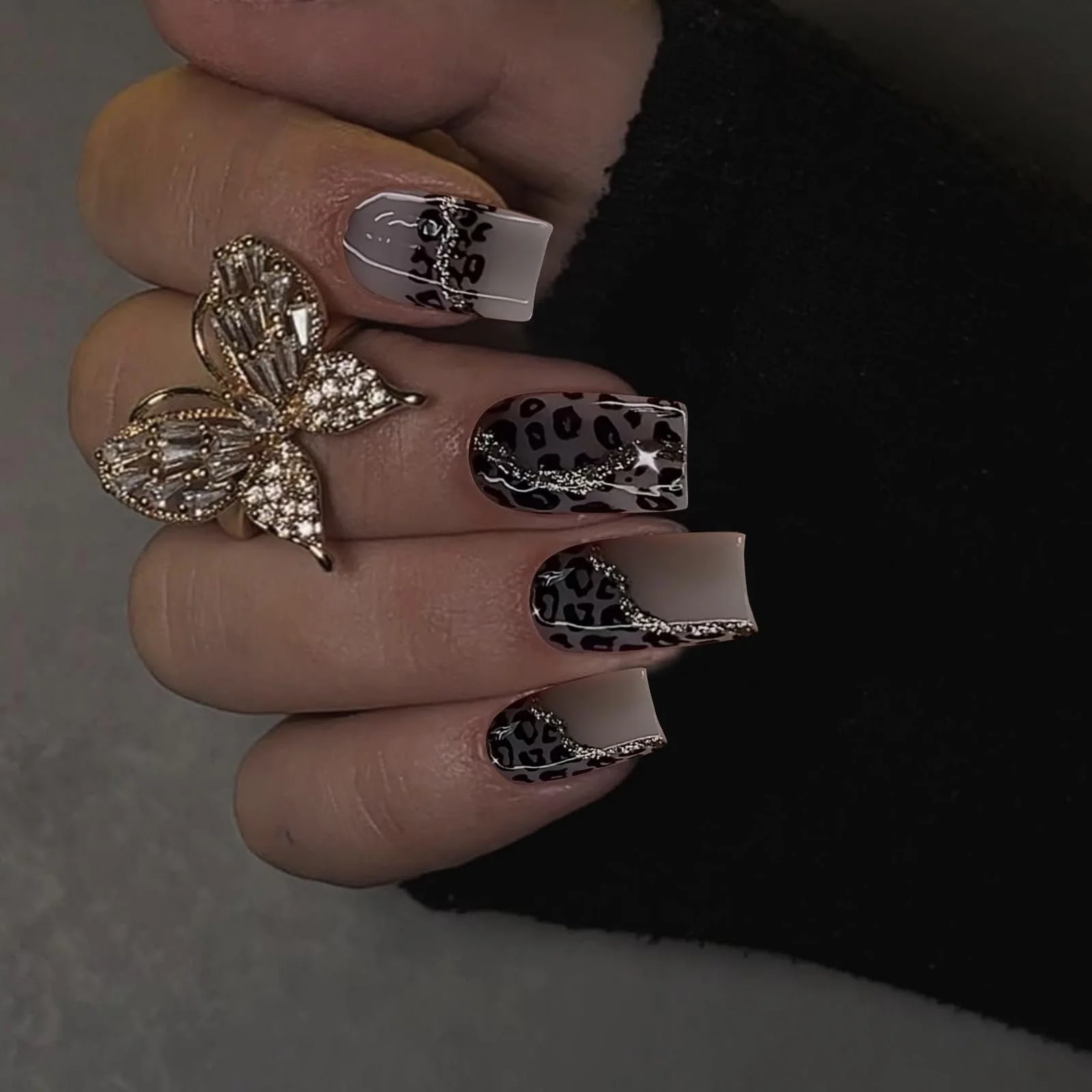 Накладні нігті GlamRays Short Square Black Leopard Shiny Smooth Adhesive Full Perimeter Acrylic, 24 шт. Black Leopard, фото №6