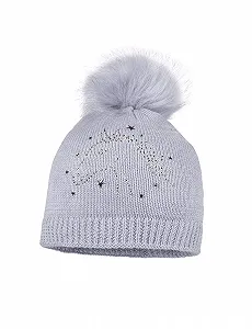 Шапка-бини Maximo для девочек с искусственным меховым помпоном Светло-серый меланж 47/49 - Фото 1