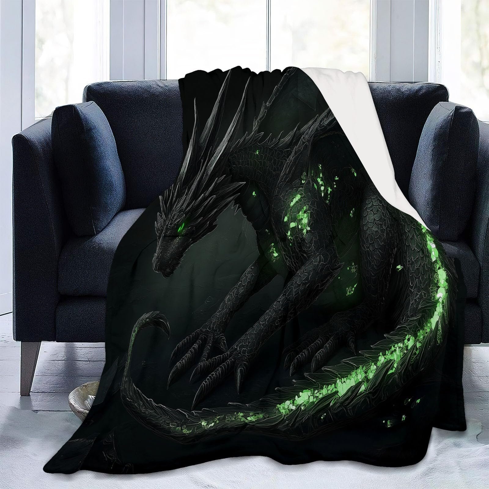 Одеяло Фланелевое Мягкое, Абстрактный Неоновый Дракон, 220 x 240 см, Зеленый, Черный, фото №2