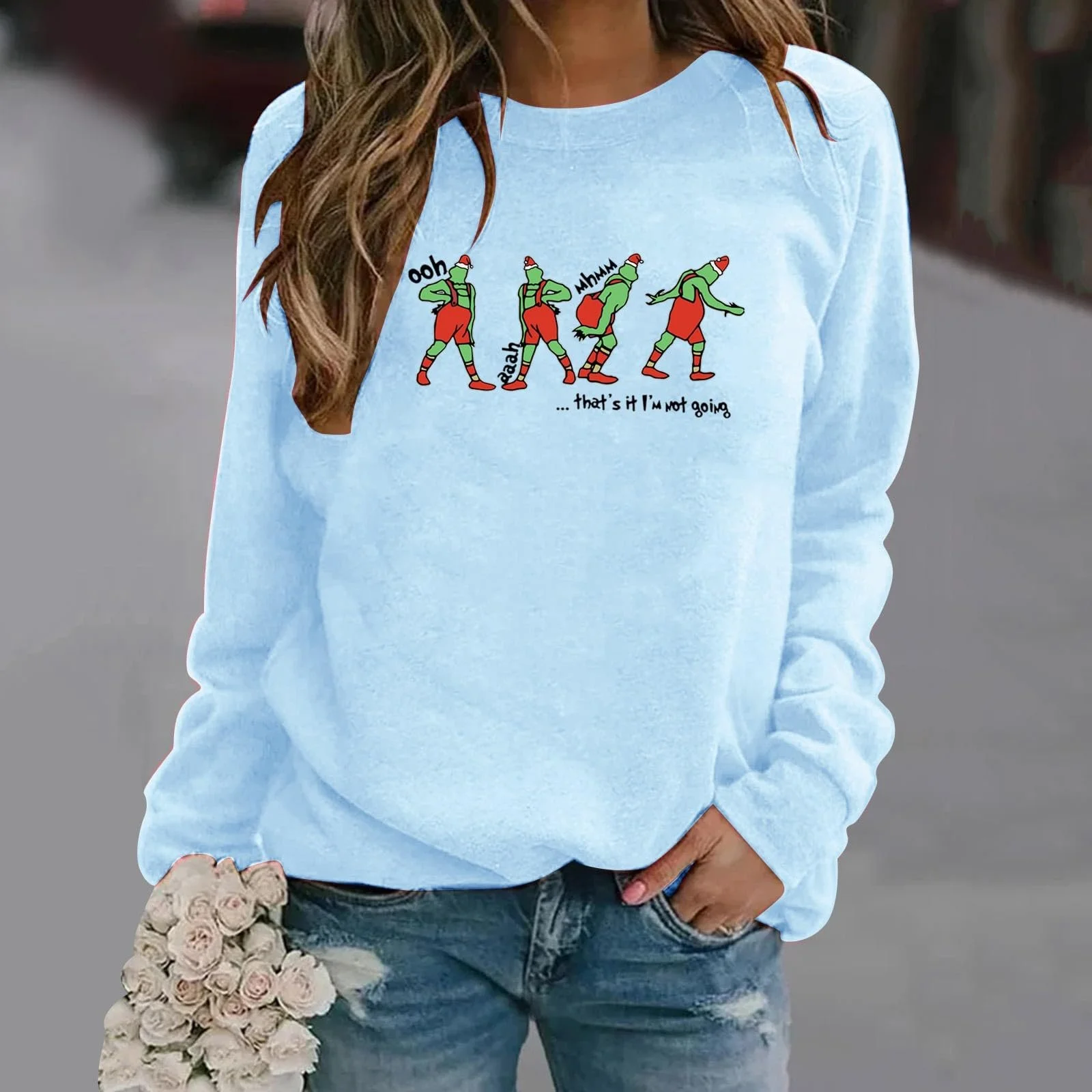 Рождественский свитер BHXUTK Женская толстовка с рождественским принтом елки, круглым вырезом, длинными рукавами, повседневный рождественский верх, смешной рождественский худи, рождественский джемпер, фото №2