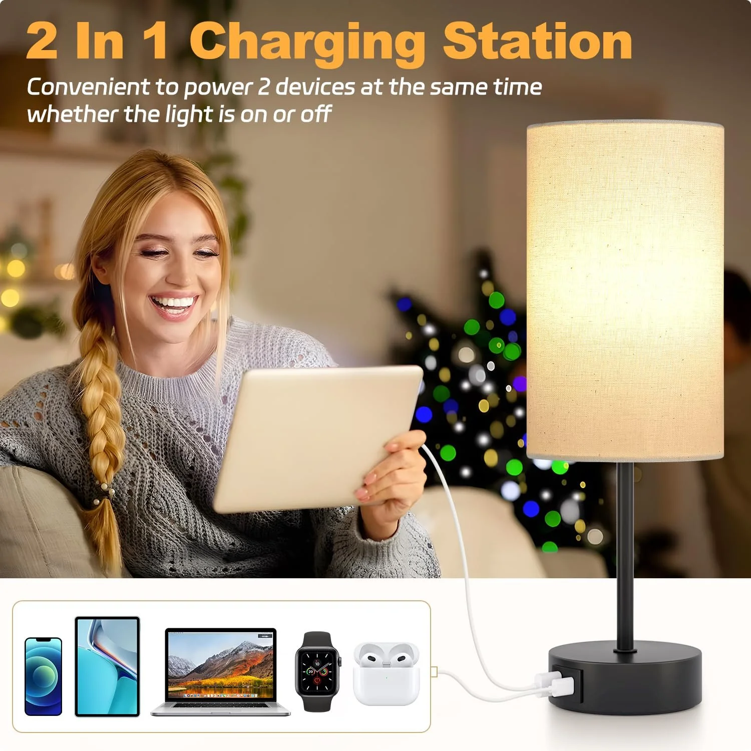 Настільна лампа Touch Dimmable USB A+C Linen Lampshade, фото №4