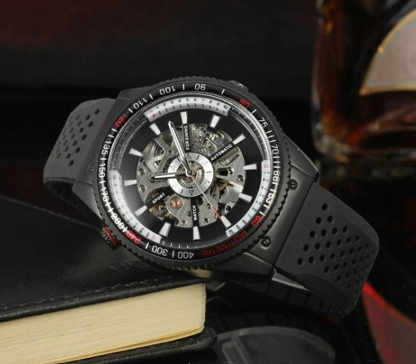 Механічні чоловічі ручні годинники Forsining армійські військові сталеві спортивні скелетон Чорний, фото №7