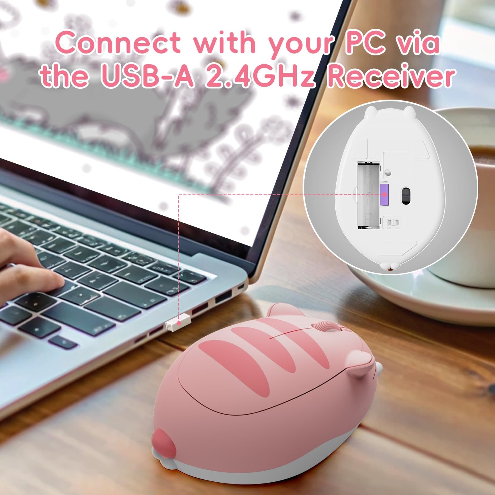 Мышь Wireless Akko Cat, 2,4 ГГц с USB Nano приемником, 3 кнопки, 1200 DPI, оптическое отслеживание, эргономичная, тихий клик, цвет Rosa Angie, фото №2