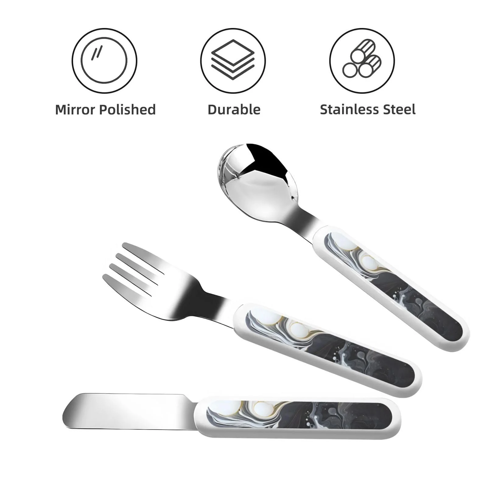 Дитячий набір столових приборів з мармуровим принтом 3 предмети, фото №2 Дитячий набір столових приборів з мармуровим принтом 3 предмети, фото №2