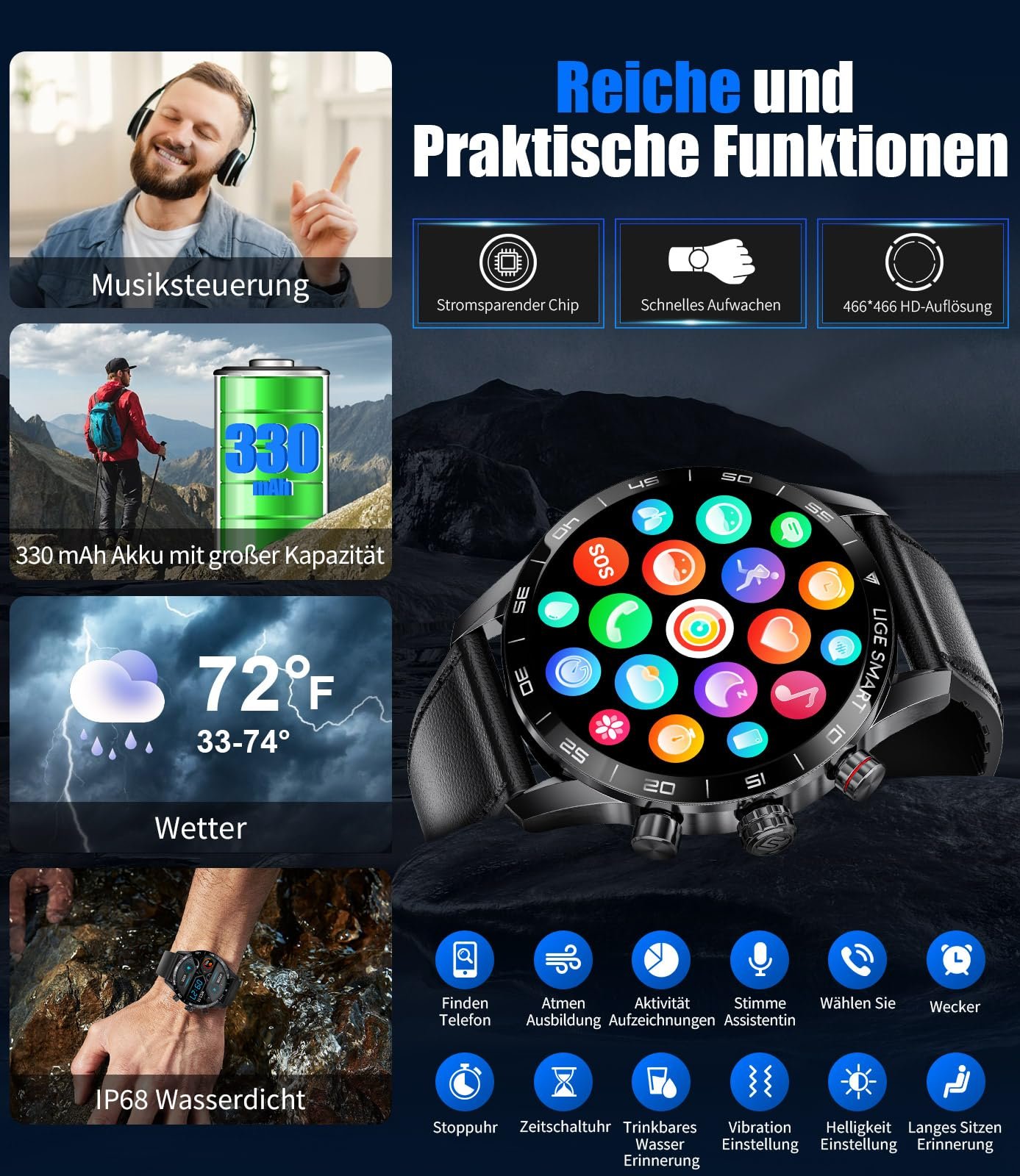 Смарт-часы LIGE мужские, 1,43 дюйма, AMOLED, функция телефона, голосовой помощник, пульсометр, SpO2, 124 спортивных режима, трекер активности, фитнес-часы, фото №5