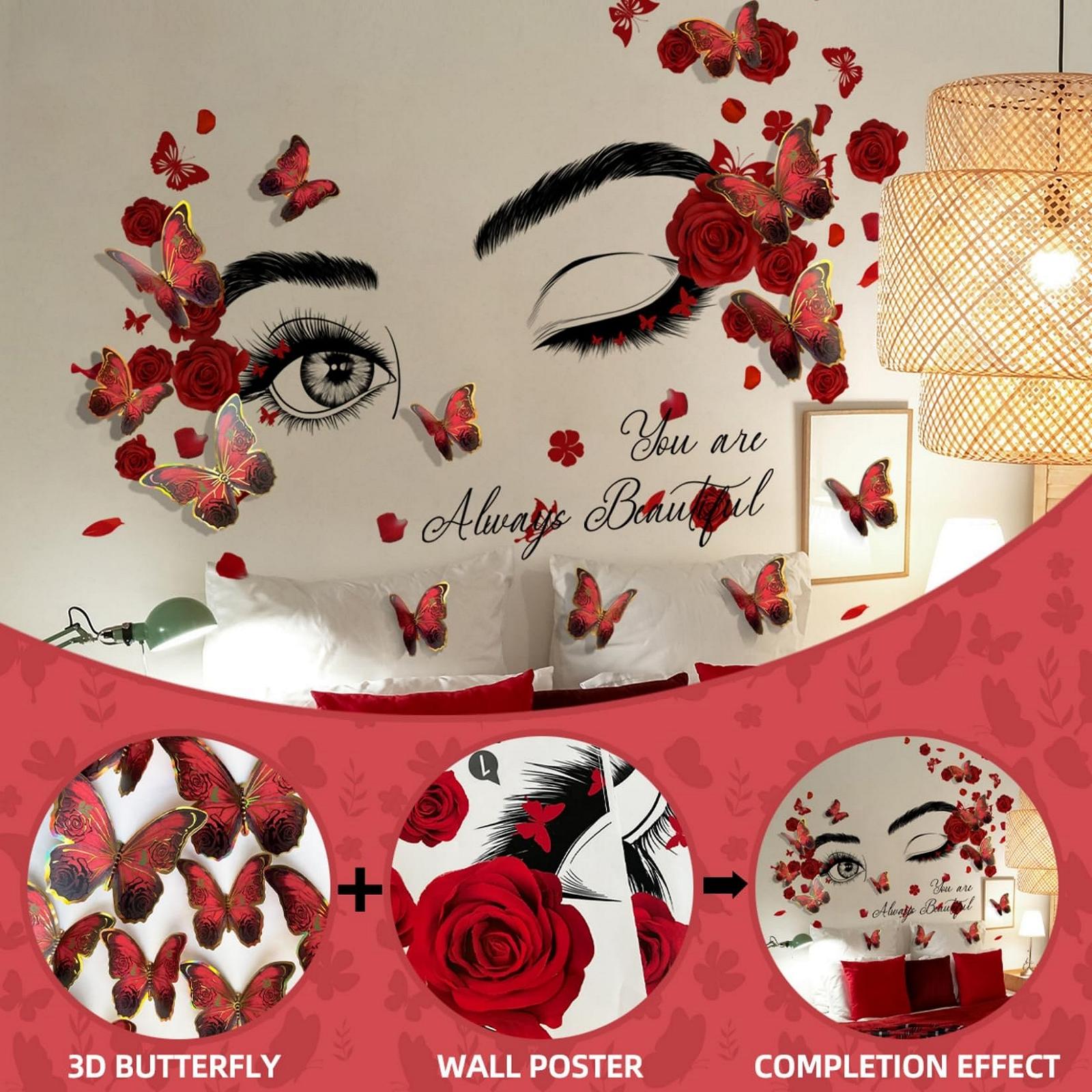 Вдохновляющая наклейка на стену Лицо и глаза красивой женщины 12 шт. 3D Бабочек 30 x 90 см, фото №2