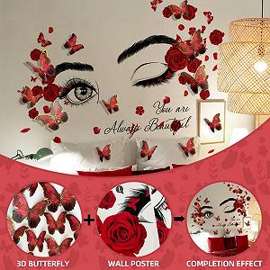 Вдохновляющая наклейка на стену Лицо и глаза красивой женщины 12 шт. 3D Бабочек 30 x 90 см synthetic.ua - Фото 1