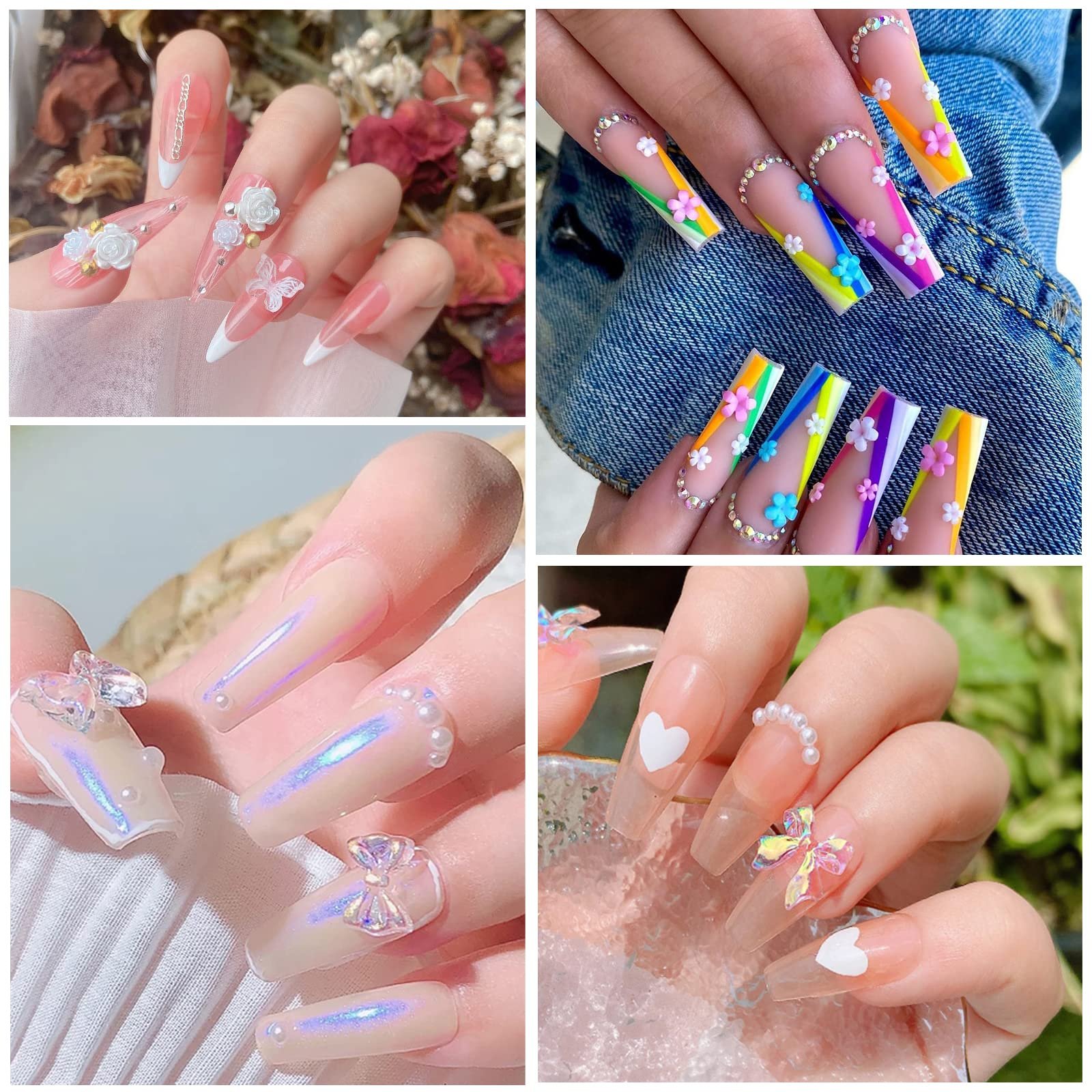 Квіти для нігтів 2 коробки акрилових квітів і бантиків для нігтів із золотисто-срібними намистинами ікрою, фото №5