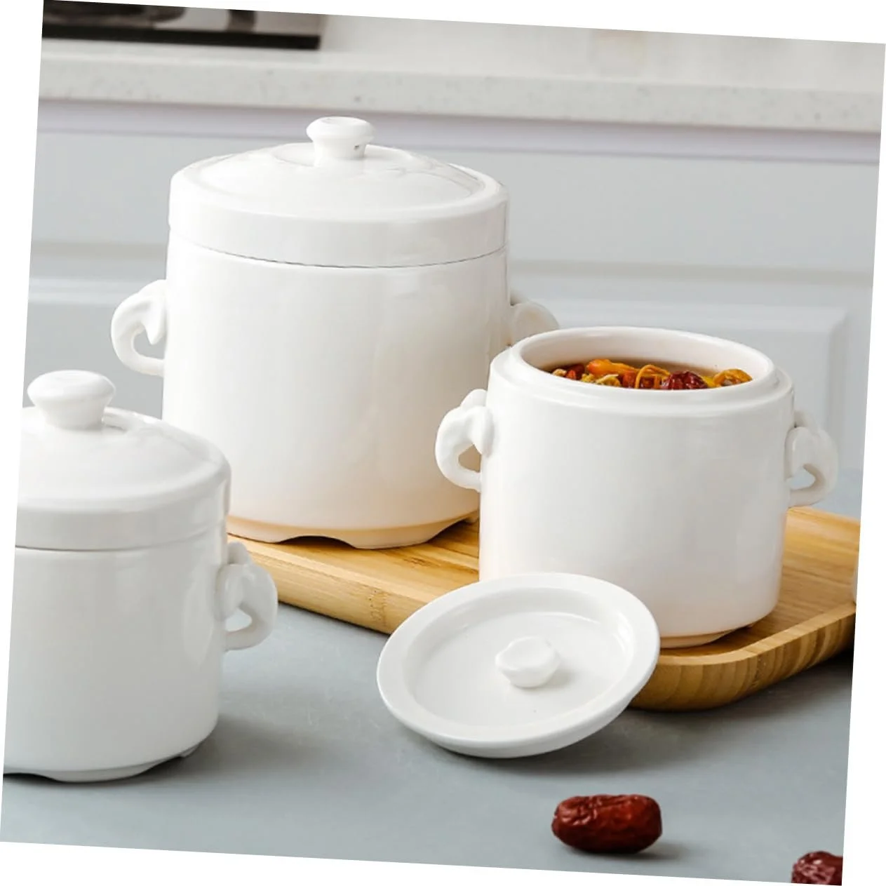 Горшок для запекания керамический с крышкой для супа белый, фото №3