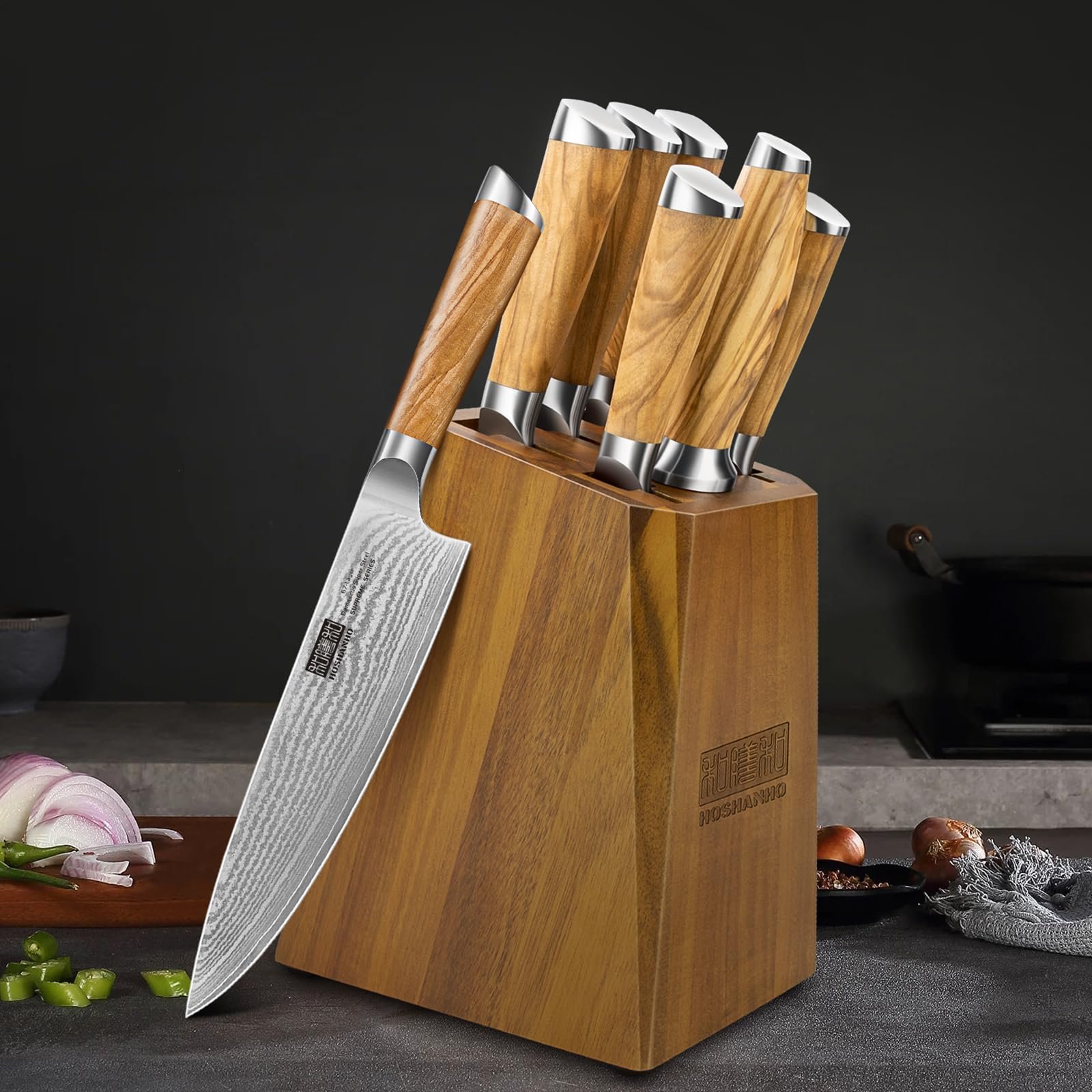 Набір ножів кухонних HOSHANHO Damask, 7 предметів, японська сталь VG-10 Super Steel, дамаська сталь, з ергономічною ручкою, у дерев'яному блоці та з точилкою, фото №7