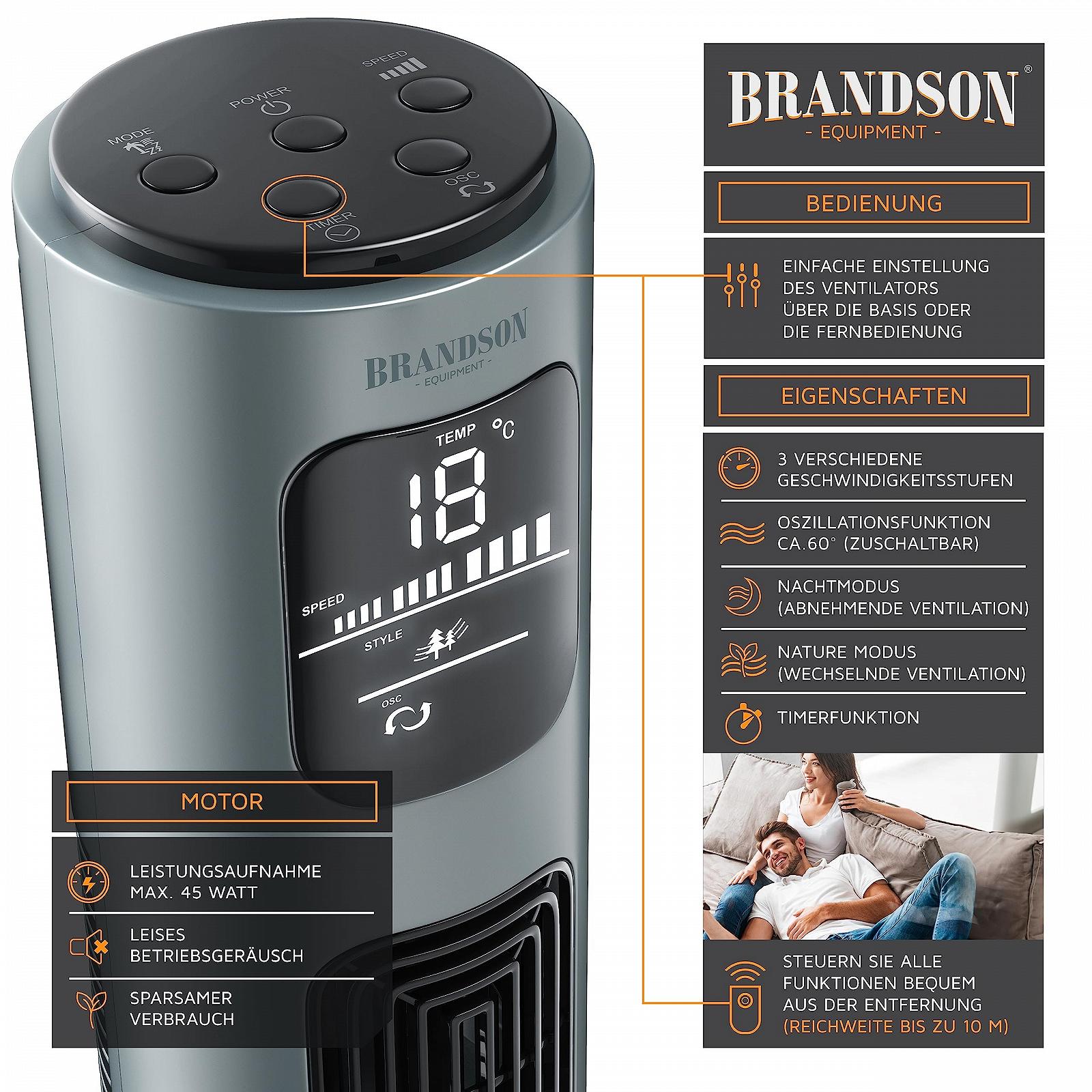 Вентилятор Башенный Brandson с пультом ДУ, 96 см, 3 уровня скорости, oscillation 60°, Ледяной Серый, фото №4