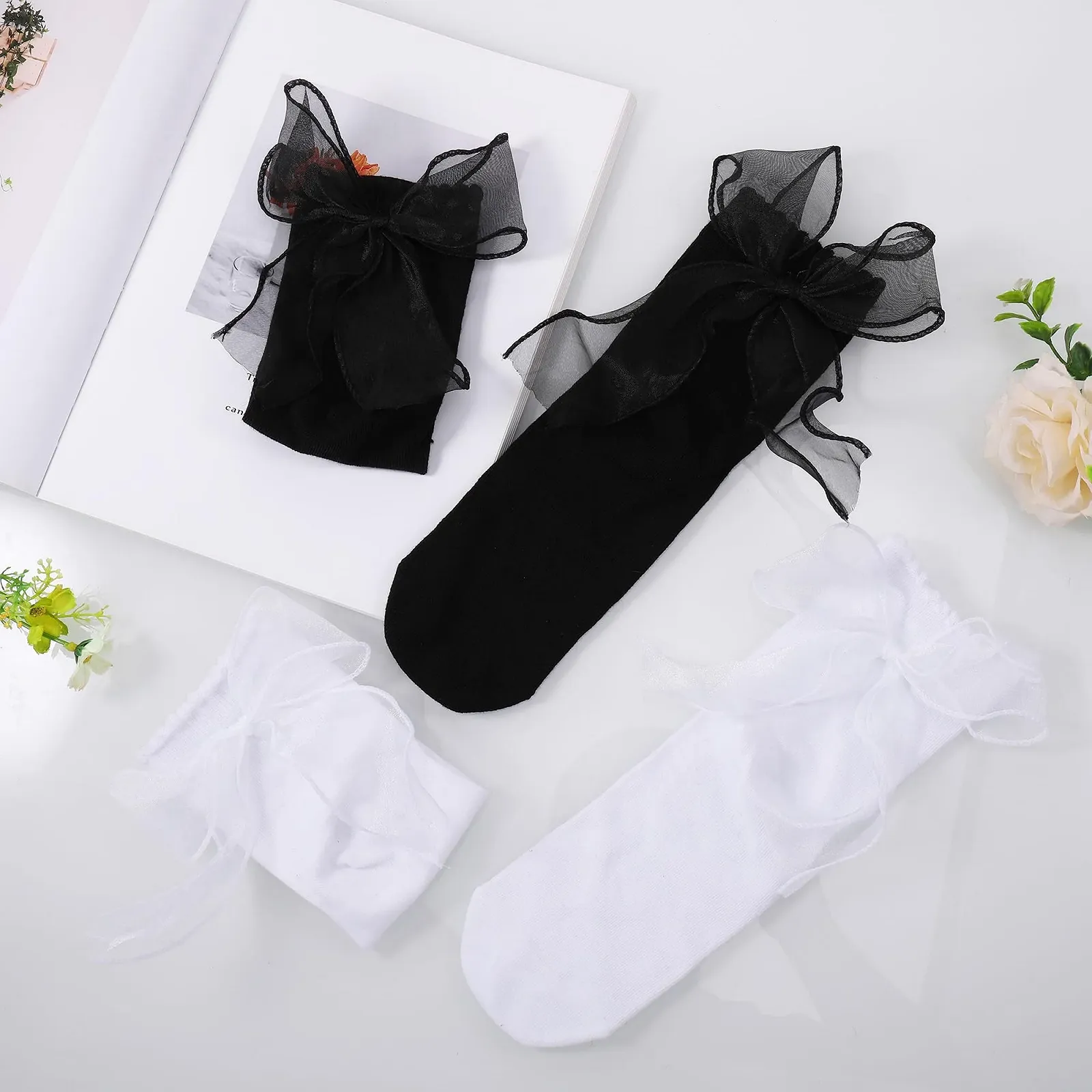 Носки с рюшами и кружевом Черный и белый, 4 пары, фото №2 Носки с рюшами и кружевом Черный и белый, 4 пары, фото №2