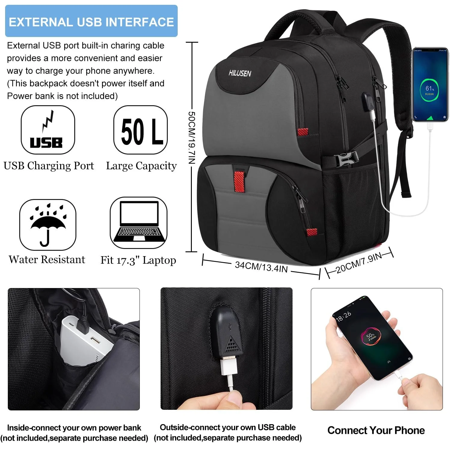 Рюкзак для ноутбука HILUSEN Extra Large 50L 17" USB вологостійкий чорний, фото №5 Рюкзак для ноутбука HILUSEN Extra Large 50L 17" USB вологостійкий чорний, фото №5