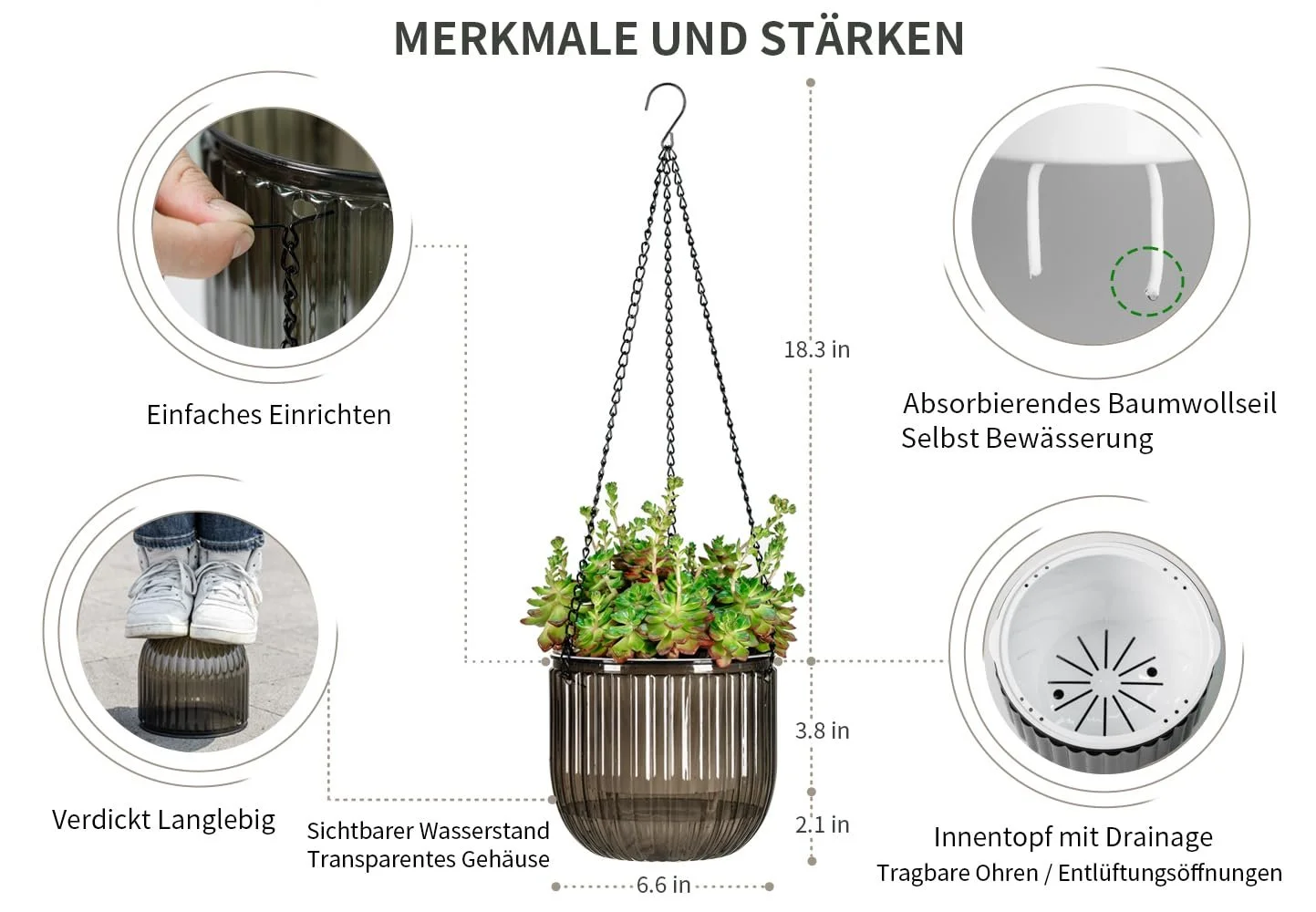 Підвісні квіткові горщики Набір з 2 шт 16.5 см Автополив Прозорий, фото №5