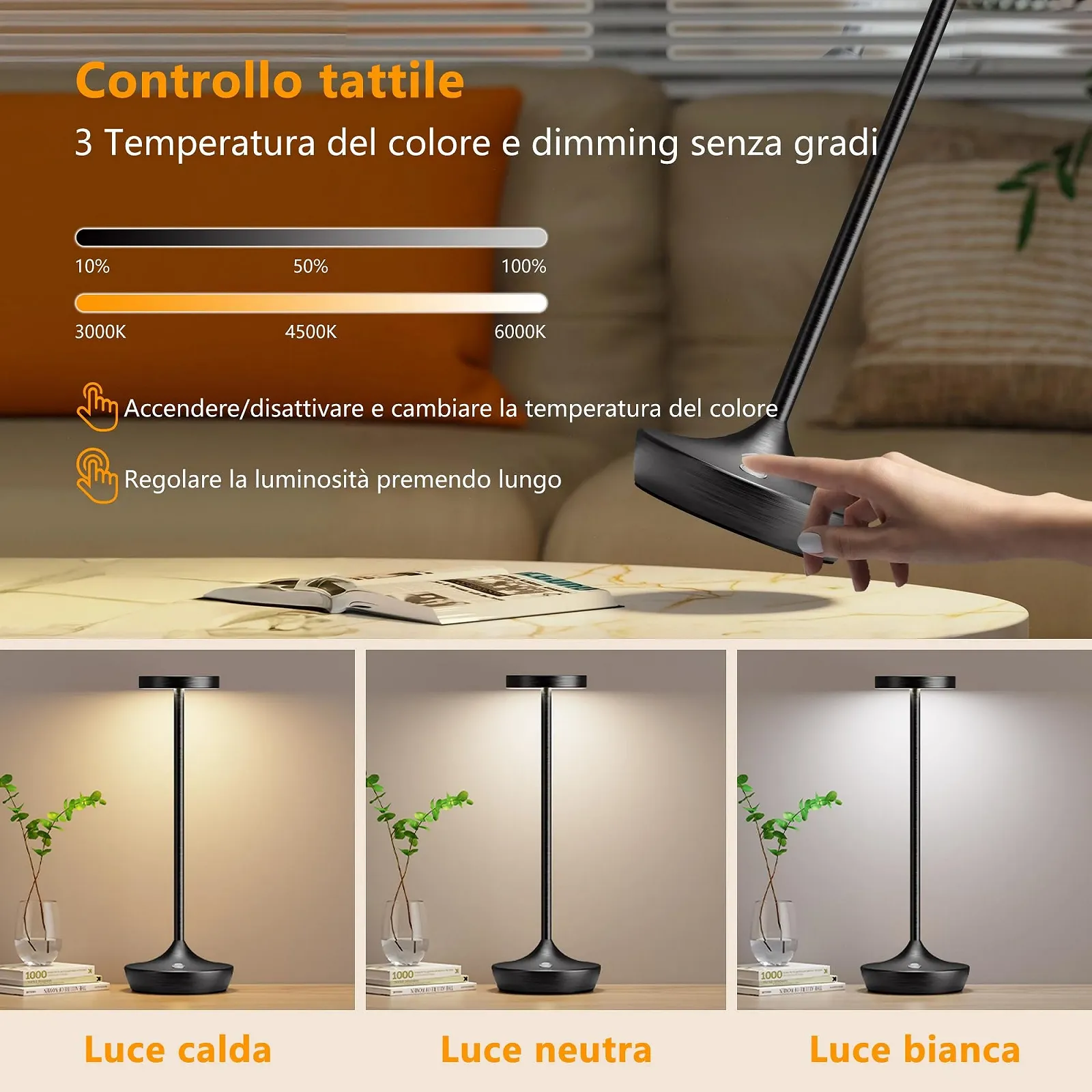 Настільна лампа LED Wireless 6000 мАг 3 кольори IP54 Чорна, фото №3