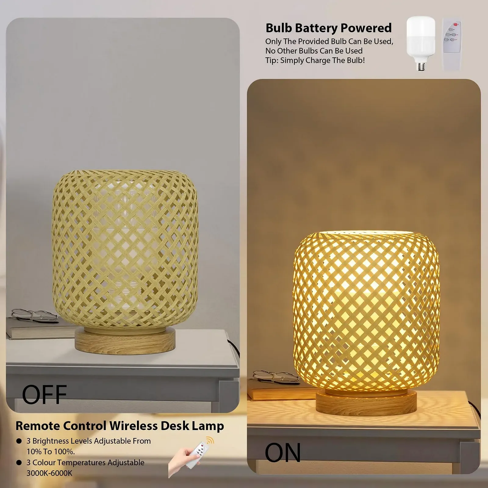 Настільна лампа Klighten 2 шт. Dimmable Rattan Bamboo Wood Wireless Battery 5500 mAh 7 Вт, фото №4