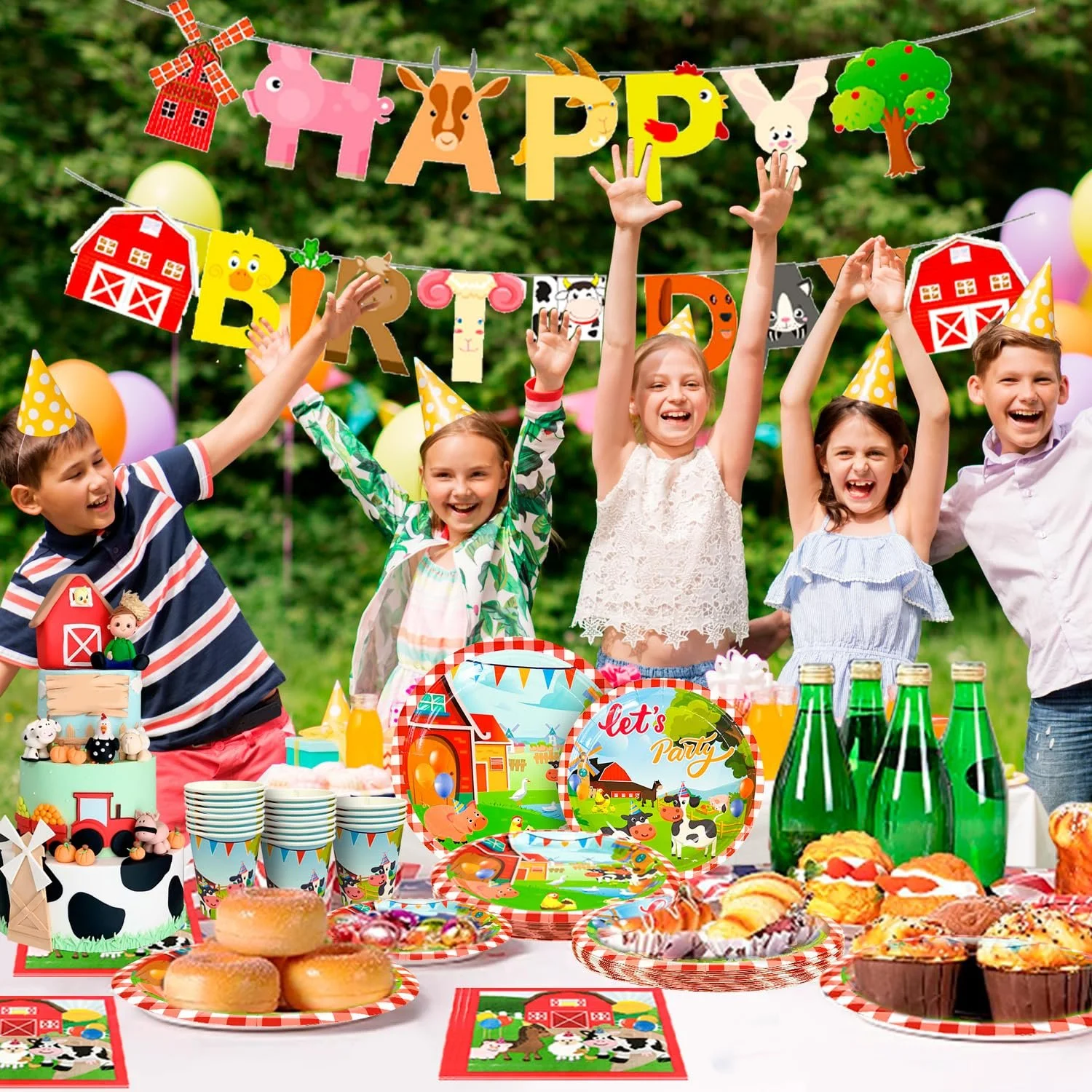 Набір посуду для фермерської вечірки 16 Ферма Тварини Тарілки Стакани Серветки Скатертина Банер, фото №5