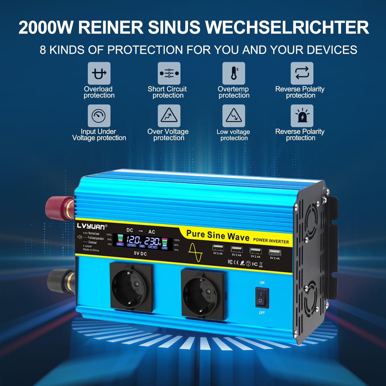 Інвертор LVYUAN Pure Sine Wave 12V до 230V 2000W/4000W з бездротовим пультом ДК 2 розетки AC 4 порти USB, фото №2