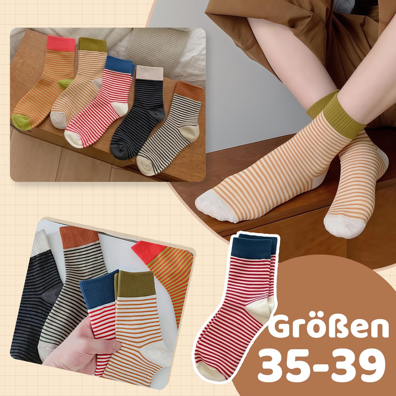 Женские носки (5 пар) Мягкие носки Размер 36-42 Цветные полосатые носки для спорта и отдыха Носки экипажа Женские носки Хлопковые носки Носки для бега для тенниса и работы, фото №3