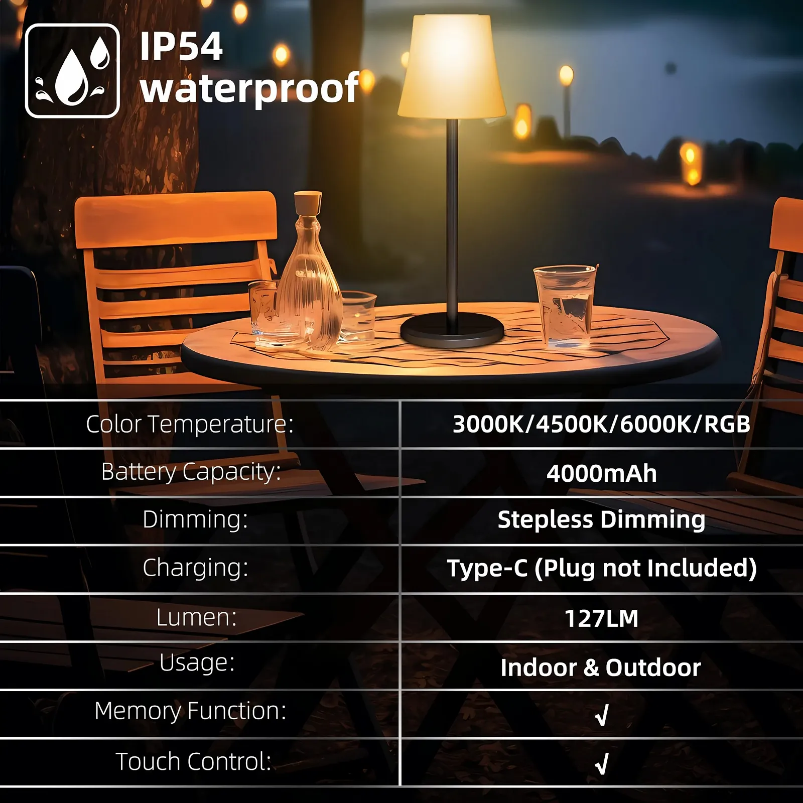 Настільна лампа Kimuwote LED Бездротова Акумуляторна Набір із 2 шт. 3 колірні режими + RGB Сенсорна IP54 Чорна, фото №3