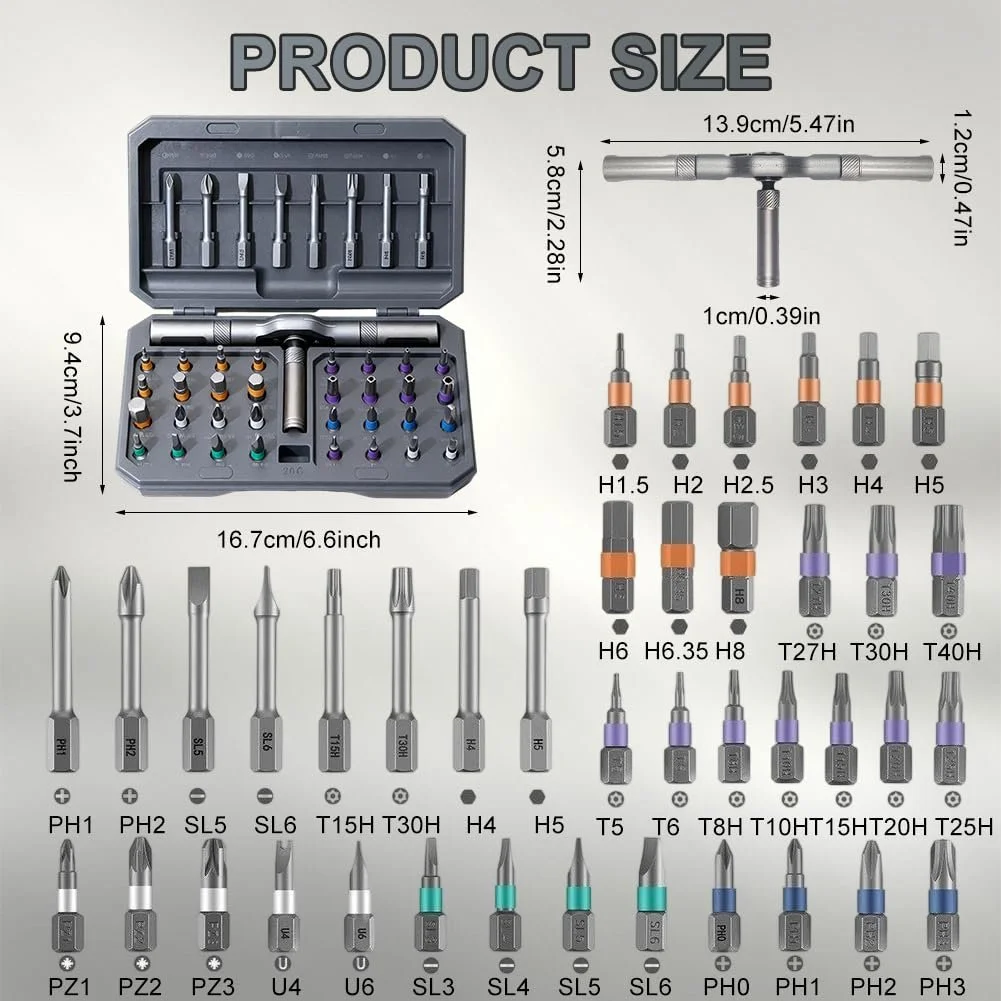 Набір магнітних реверсивних викруток 42-в-1 Т-подібна рукоятка 40 біт S2 сталь, фото №2