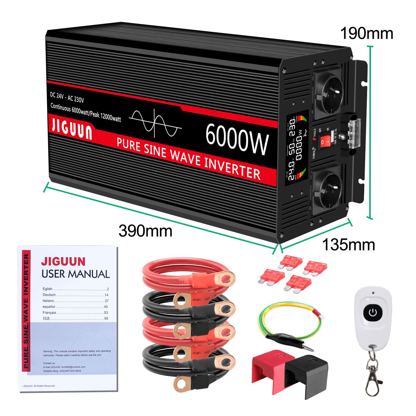 Інвертор JIGUUN Pure Sine Wave 6000 W 24 V 230 V з 2 EU розетками та USB виходом 2.4 A бездротовий пульт дистанційного керування та LCD дисплей пікова потужність 12000 W, фото №7