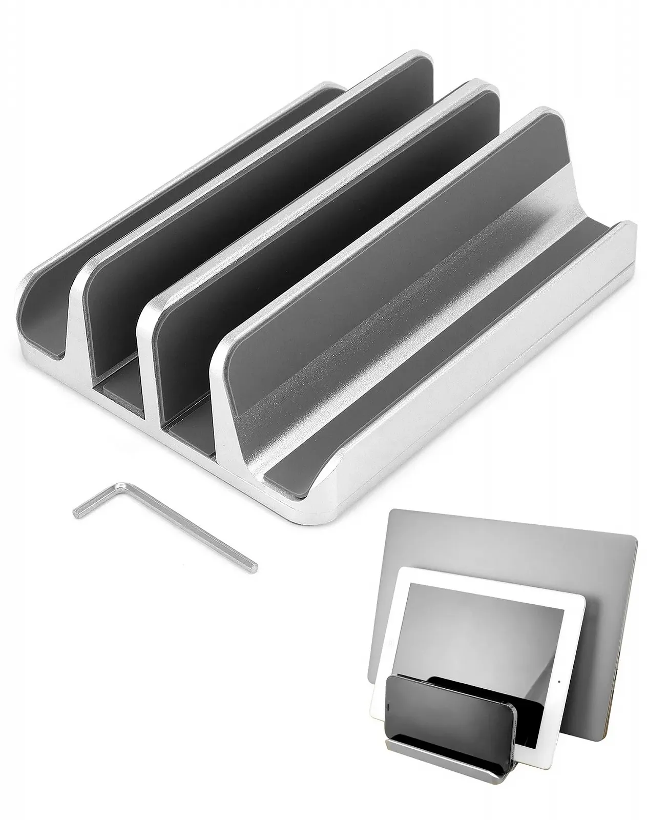 Подставка для ноутбука вертикальная QWORK 4 в 1 алюминиевая регулируемая с 2 слотами для Macbook, телефона, игровых ноутбуков, iPad серебристая, фото №1