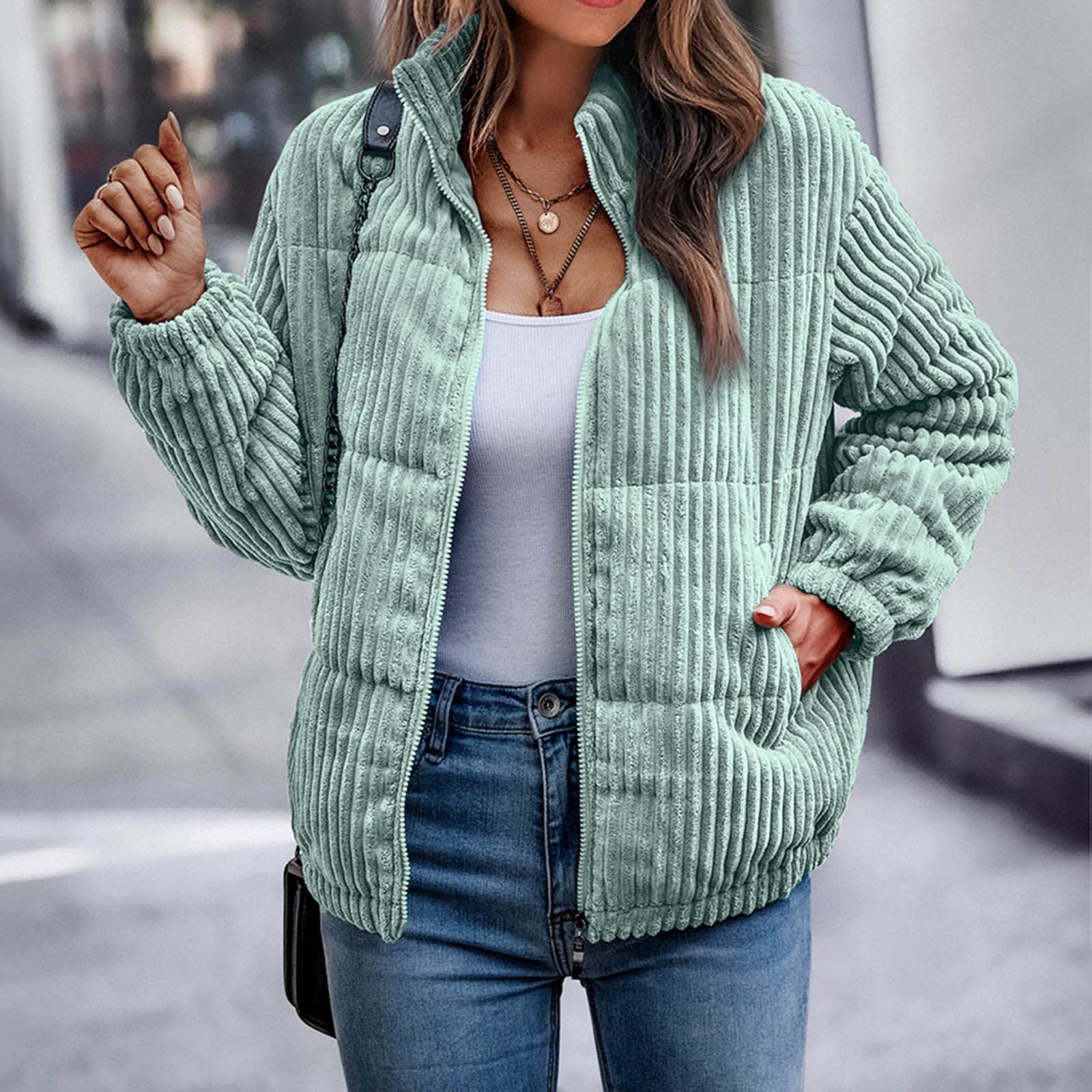 Жіноча Куртка Corduroy Коротка Тепла Зимова Куртка Перехідна Куртка на Підкладці Довгий Рукав Застібка-блискавка, фото №3