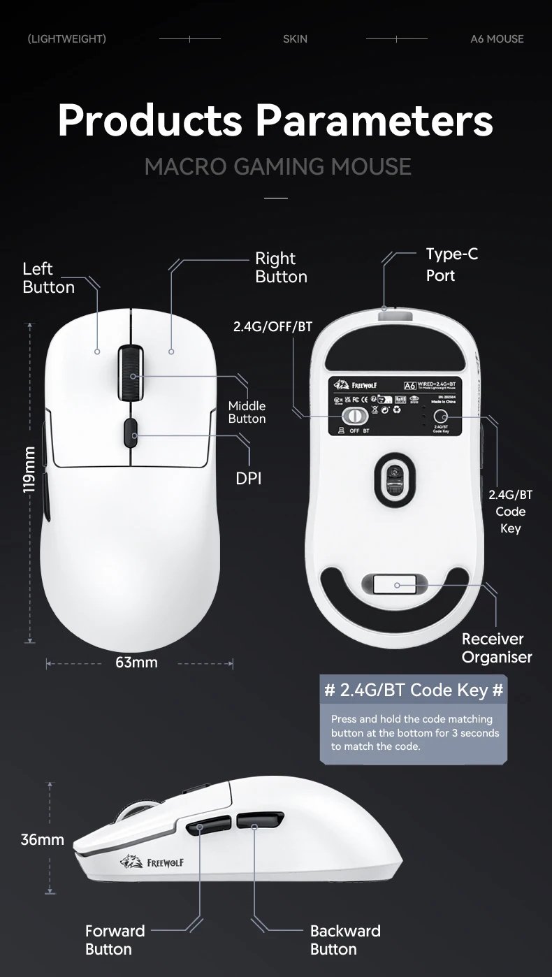 Миша FreeWolf A6 White 24000DPI PAM3311 1000Hz 59г, фото №14