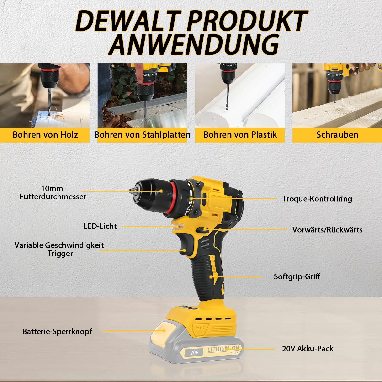 Безшнурова дриль Шурупокрут Dewalt 20V 25 + 1 Налаштування крутного моменту Макс. крутний момент 60N-м Світлодіодний робочий світильник, фото №2 Безшнурова дриль Шурупокрут Dewalt 20V 25 + 1 Налаштування крутного моменту Макс. крутний момент 60N-м Світлодіодний робочий світильник, фото №2