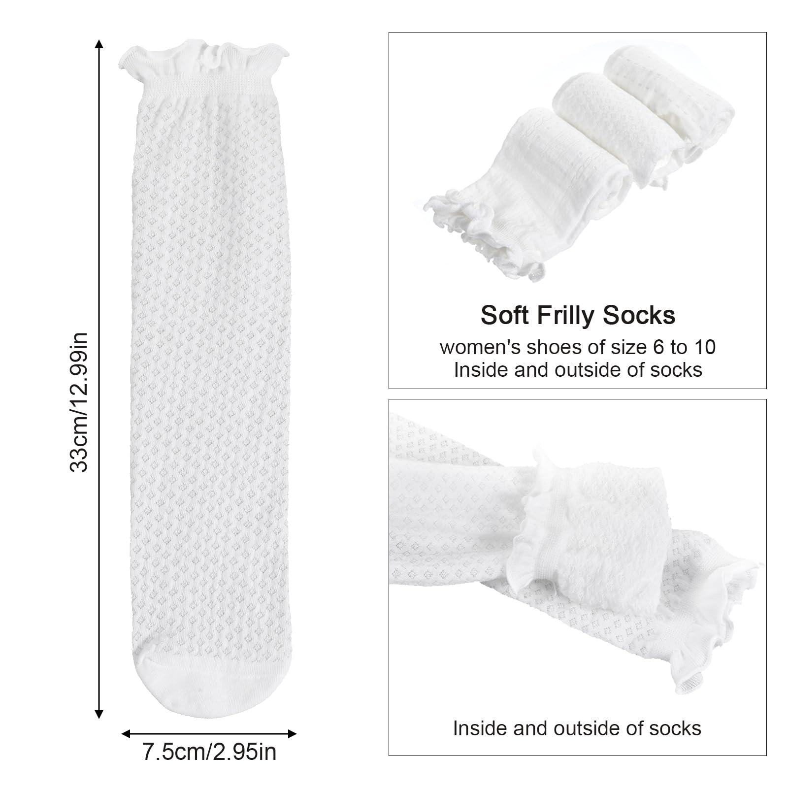 Носки Ouligay с рюшами женские, 3 пары, белые, 35-41, фото №2