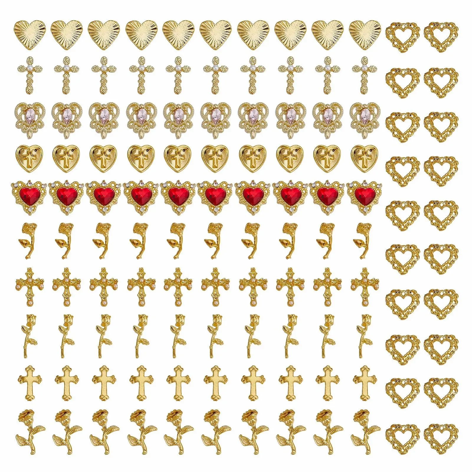 Украшения для ногтей NICENEEDED 120 шт, золотые крестики, розы, сердца, 3D украшения для ногтей, фото №1